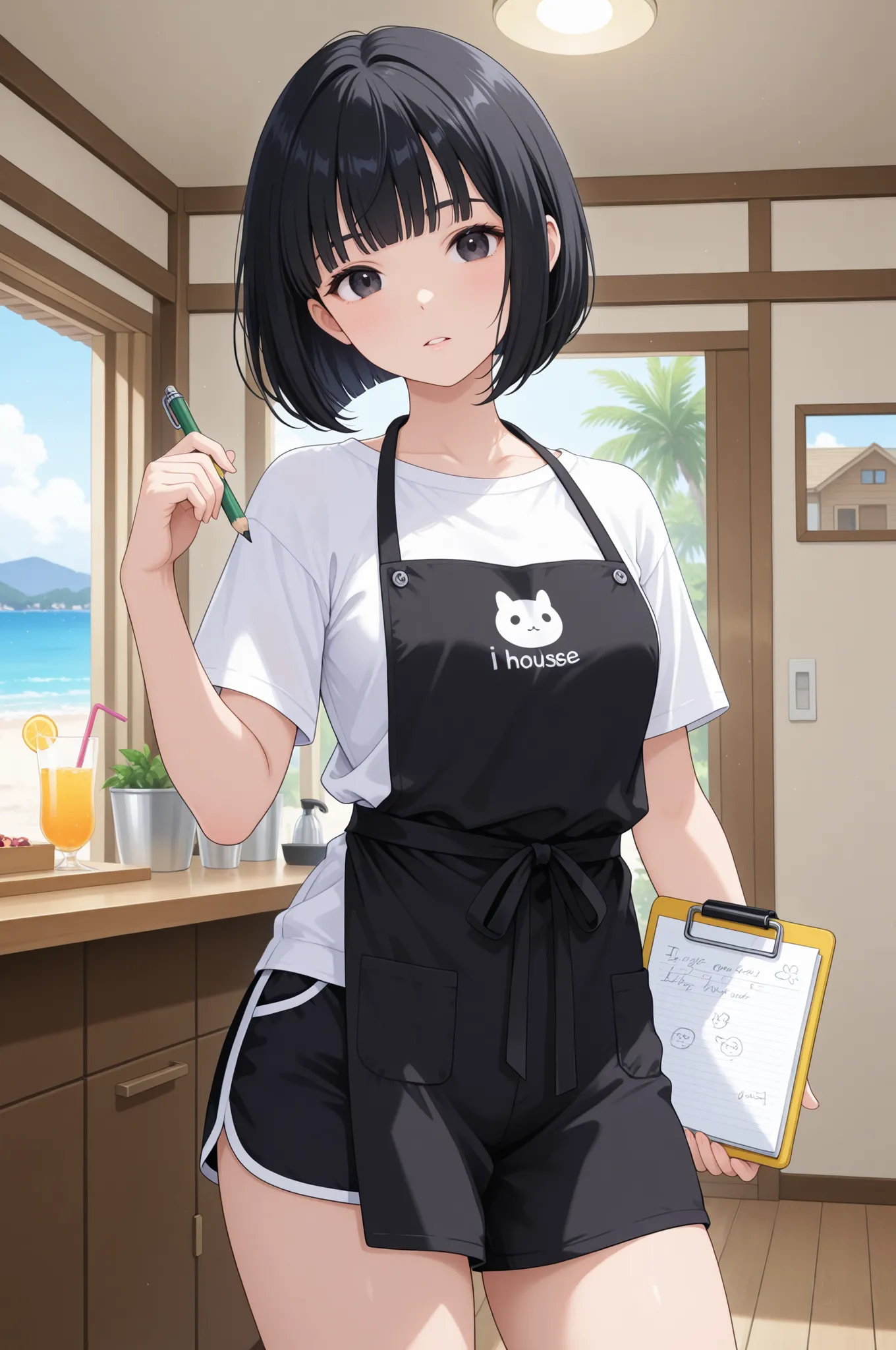 one woman、mayahell,black hair,dark eyes,bob cut,wears a white short-sleeved T-shirt and black shorts and an apron、I have a pencil and notepad in my hand、 Beach House、summer、