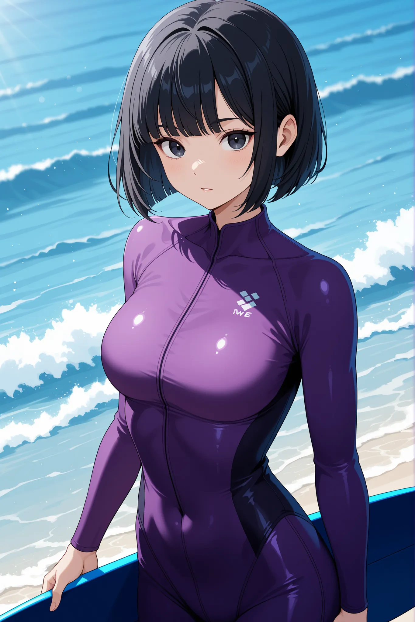 one woman、mayahell,black hair,dark eyes,bob cut,I'm wearing a purple wetsuit and holding a surfboard、Seaside、Wave、
