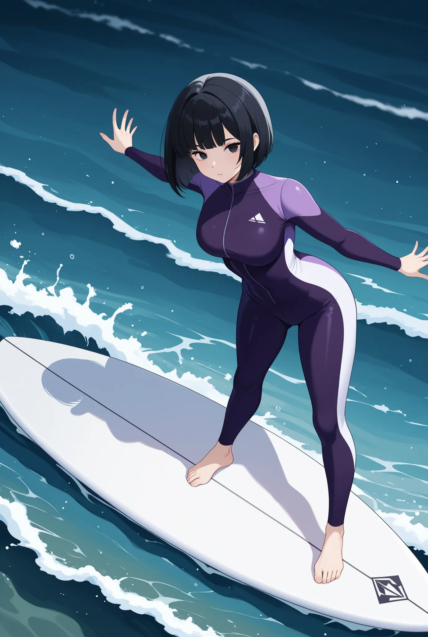 ,one woman、mayahell,black hair,dark eyes,Bob cut

A woman in a purple wetsuit is standing on a white surfboard floating above the waves、a woman stands vertically with her legs spread out and her arms outstretched、