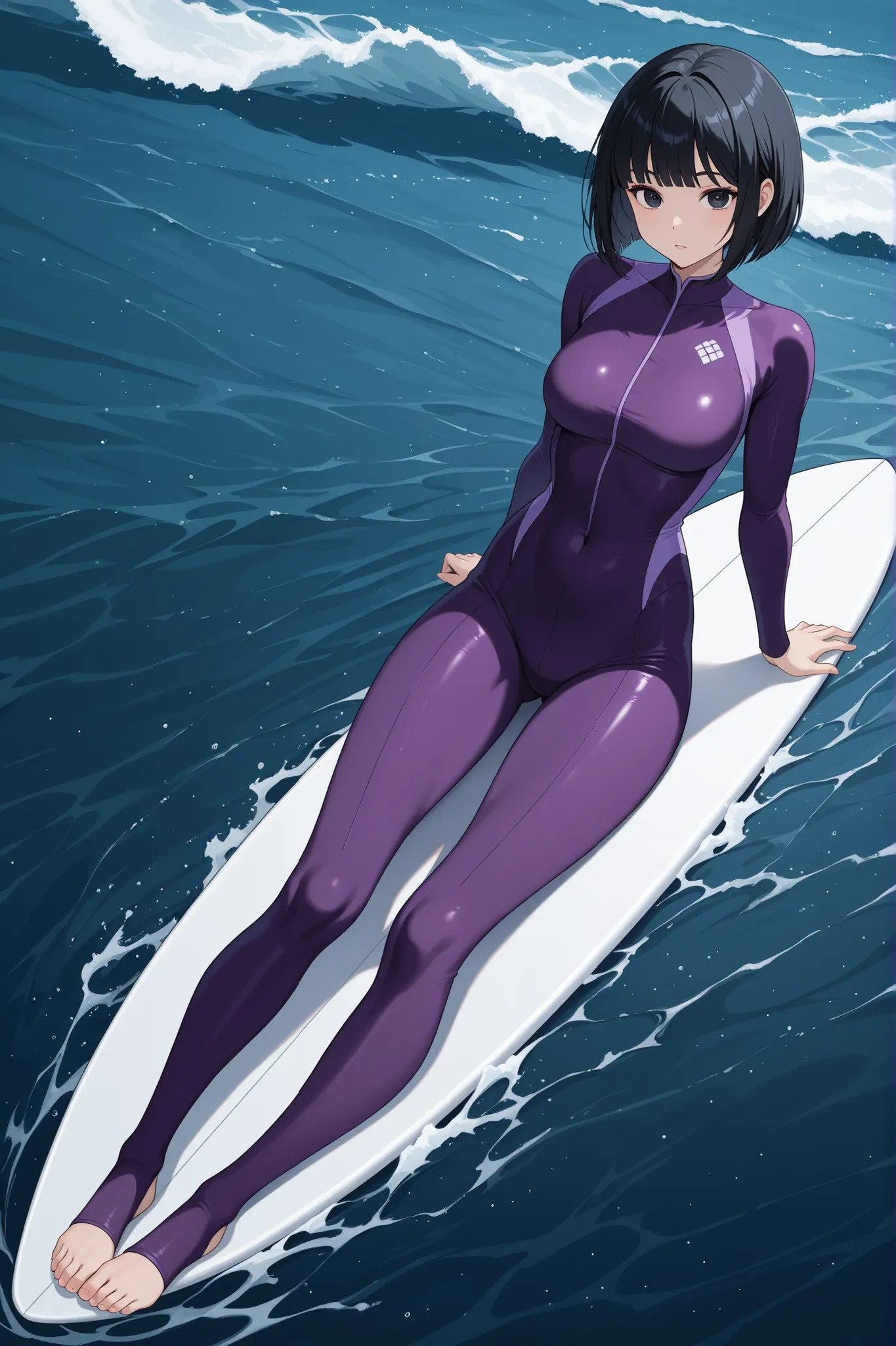,one woman、mayahell,black hair,dark eyes,Bob cut、A woman wearing a purple wetsuit stands vertically with her legs spread out on a white surfboard placed horizontally on the waves above the sea、