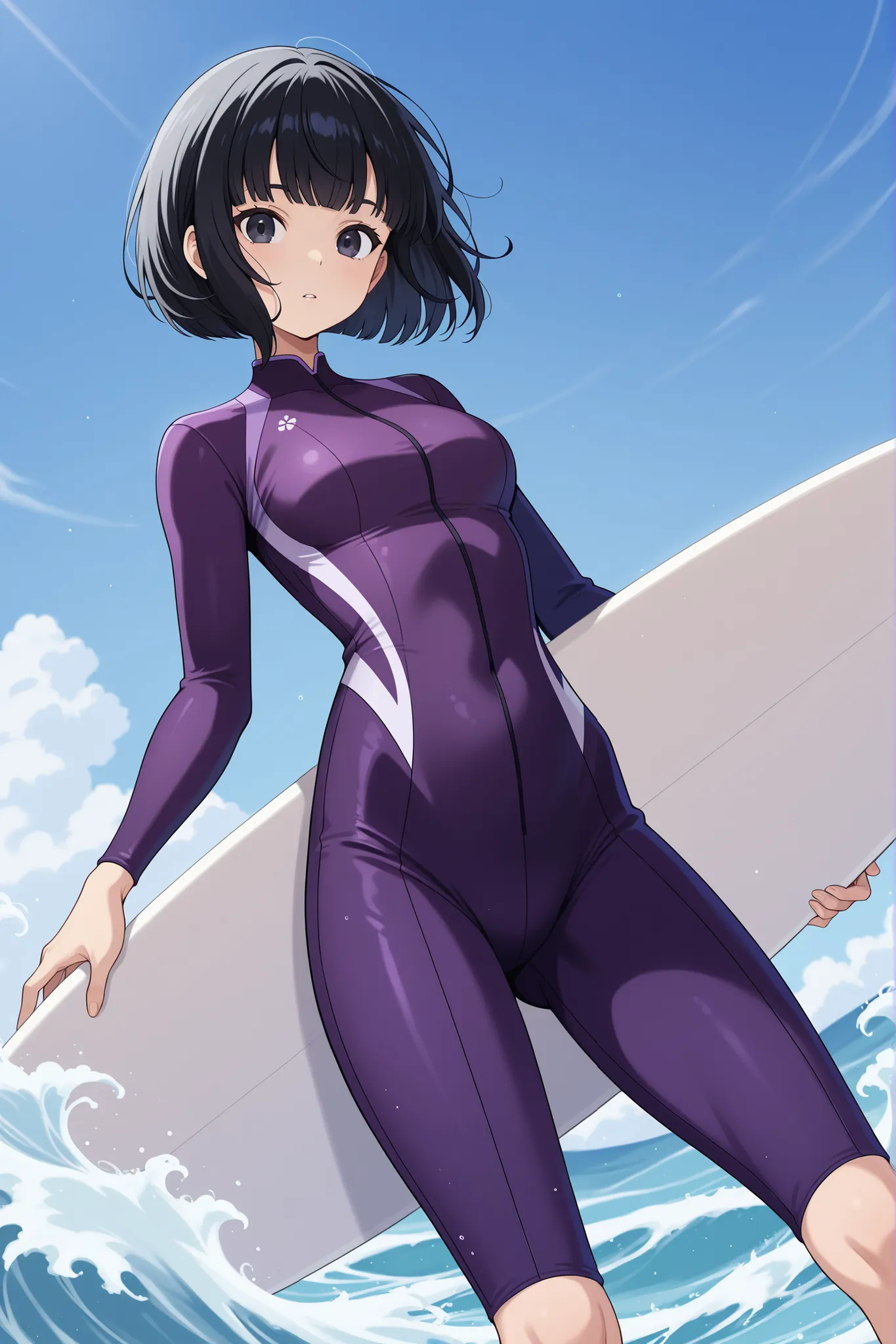一人の女性、mayahell,black hair,dark eyes,bob cut,she is wearing a purple wetsuit,She is standing on a white surfboard, legs open, waist down, arms outstretched, big, swirling waves,
