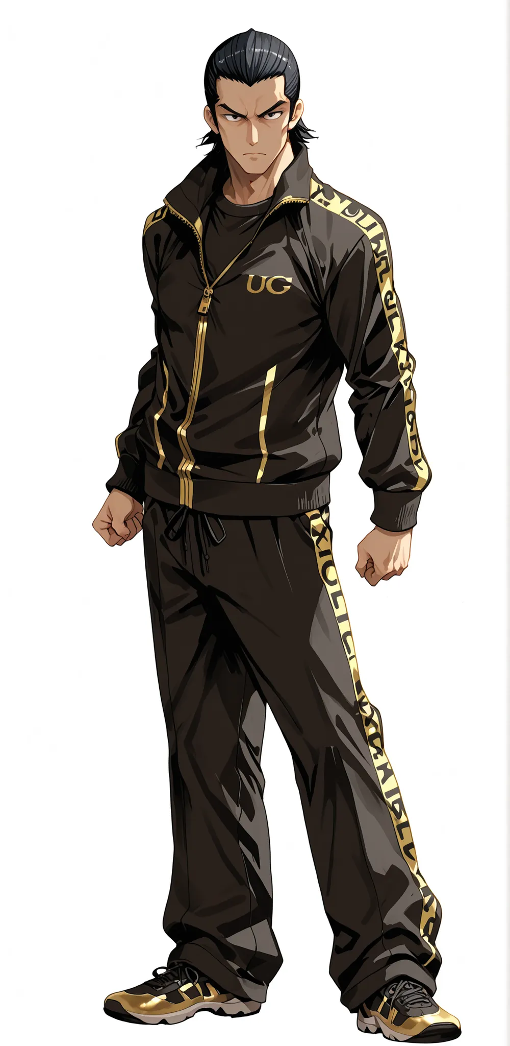 Basic background, fixed face, high quality image, source_game, Kurohyou, asian male, Ukyo Tatsuya, slick back hair, dresscamp tracksuit, trackpants, gold and black colored clothing, serious expression, posing