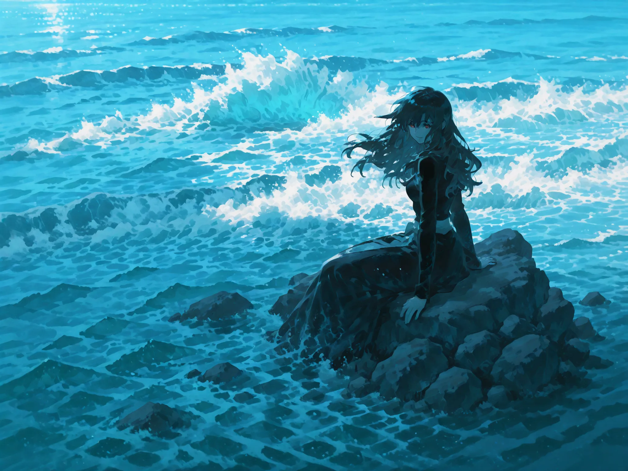 PEAnimeBG,Background,anime,scenery,ladyshadow,one woman.sea. on the edge of the waves.sitting. playing in the water.looks at me and smiles.