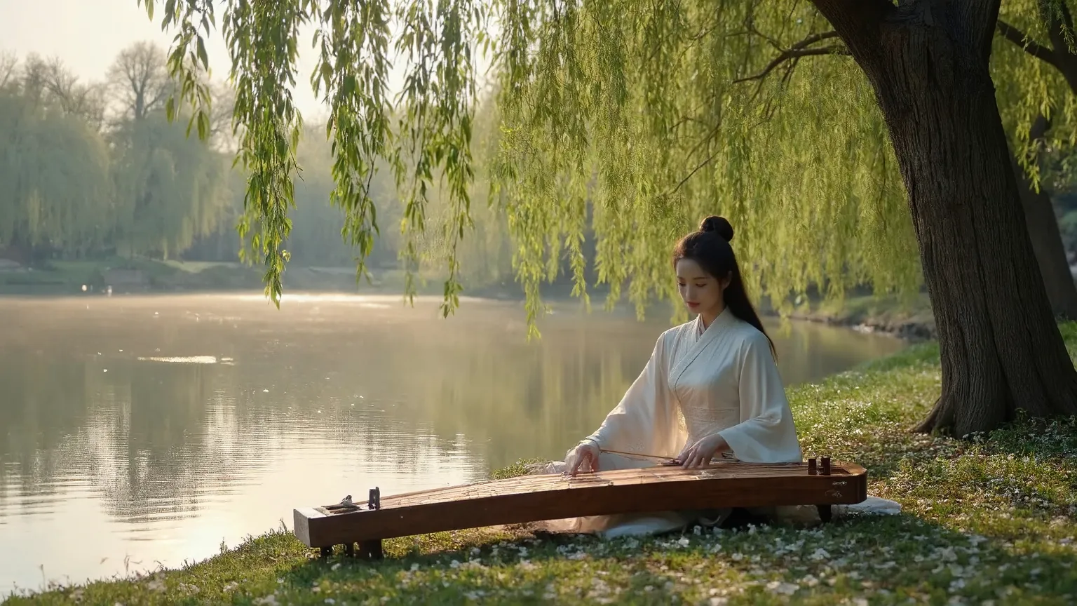 A graceful Asian woman in traditional Hanfu playing the zither (guzheng), sitting under a large willow tree beside a serene river, surrounded by soft falling petals, cinematic wide shot, 16:9 aspect ratio, golden hour lighting, soft breeze, natural backgro...