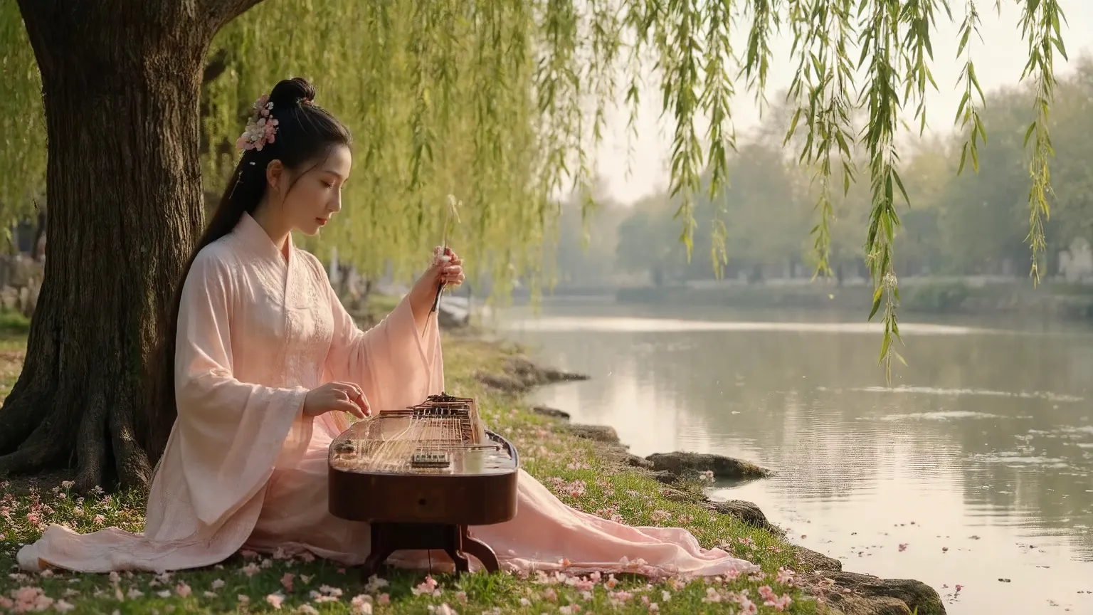 Close-up A graceful, beautiful Asian woman in traditional Hanfu playing the guzheng, sitting under a large willow tree beside a peaceful river, surrounded by soft falling flower petals, cinematic panoramic shot, 16:9 aspect ratio, golden hour lighting, gen...