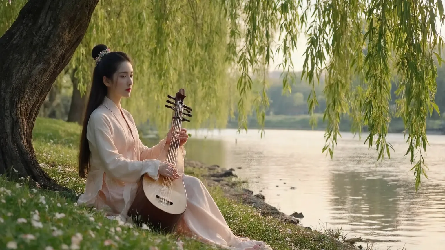 Close-up A graceful, beautiful Asian woman in traditional Hanfu playing the guzheng, sitting under a large willow tree beside a peaceful river, surrounded by soft falling flower petals, cinematic panoramic shot, 16:9 aspect ratio, golden hour lighting, gen...