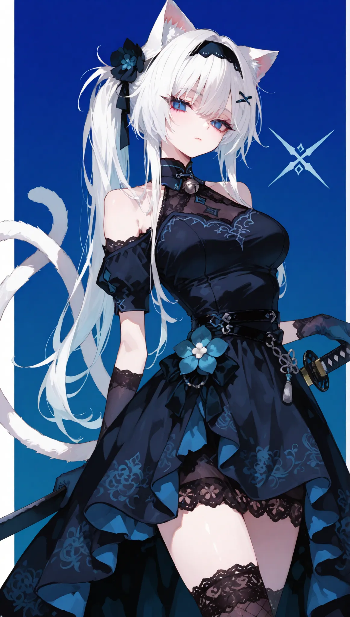 alone,Cat Ear Girl,white hair,Long Eyelashes,,Short sleeve blouse with open shoulders, ,long hair,flower skirts ,standing,cute,Hairpin,ponytail,Black suit,,Standing Page, Double tails, shape X,,Yokai ,Blue eye,Shirt Collar,Arm stocking longer,side_ponytail...