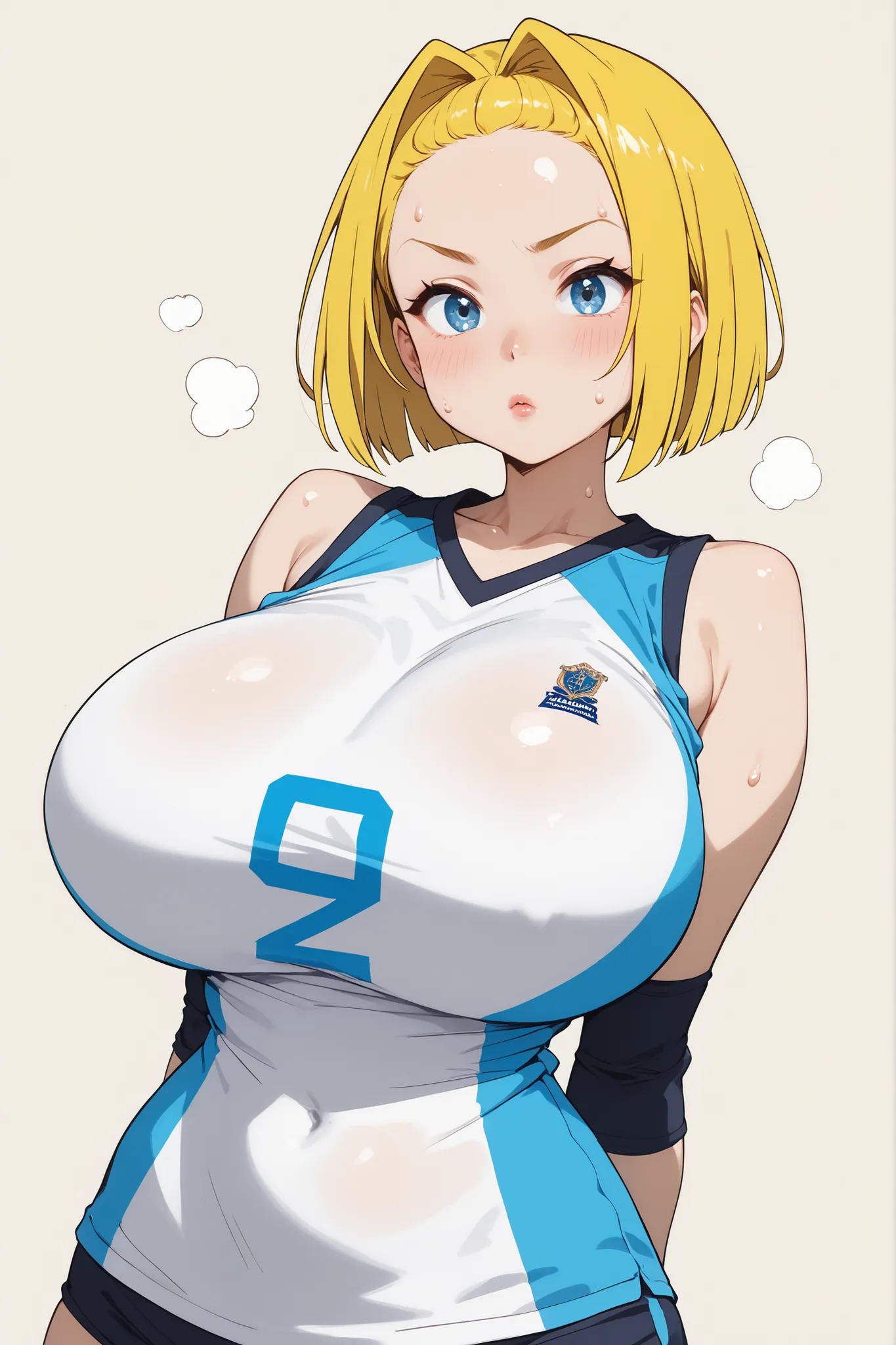 Girl alone、masterpiece、High resolution、Best Quality、((((Huge breasts))))、Narrow waist、1 young korean girl、Volleyball Uniforms、blonde、Short Hair、expensive、Red cheeks、vapor、sweat、Attractive look、one length bob cut hair, ((forehead, hair intakes))、Tomboy、A re...