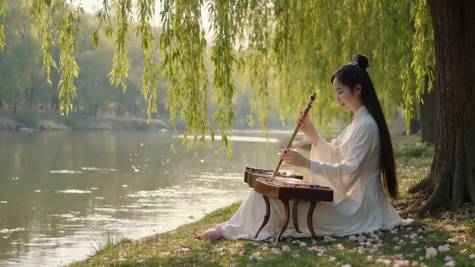 Close-up A graceful, beautiful Asian woman in traditional Hanfu playing the guzheng, sitting under a large willow tree beside a peaceful river, surrounded by soft falling flower petals, cinematic panoramic shot, 16:9 aspect ratio, golden hour lighting, gen...