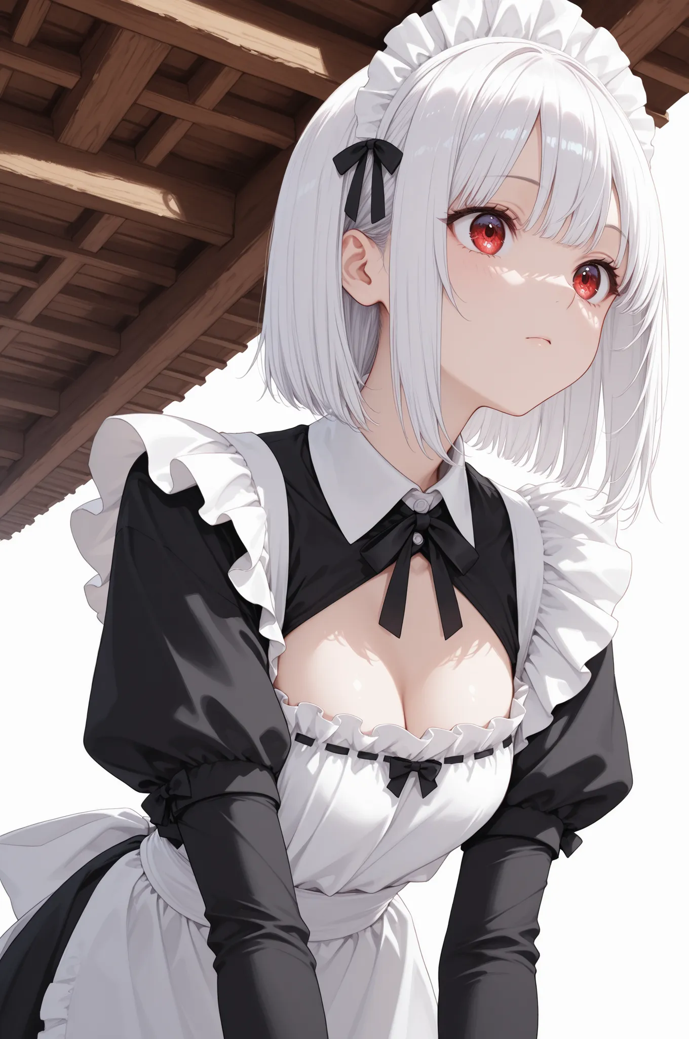 1girl, , , straight hair/fits perfectly,bob hair/// My hair, Red Eye, , Subject Focus, table up/((Maid Outfit))/white background/white background/Hanging out//Shrine maiden&#39;Clothing//Shoulder-down //Disconnect//
