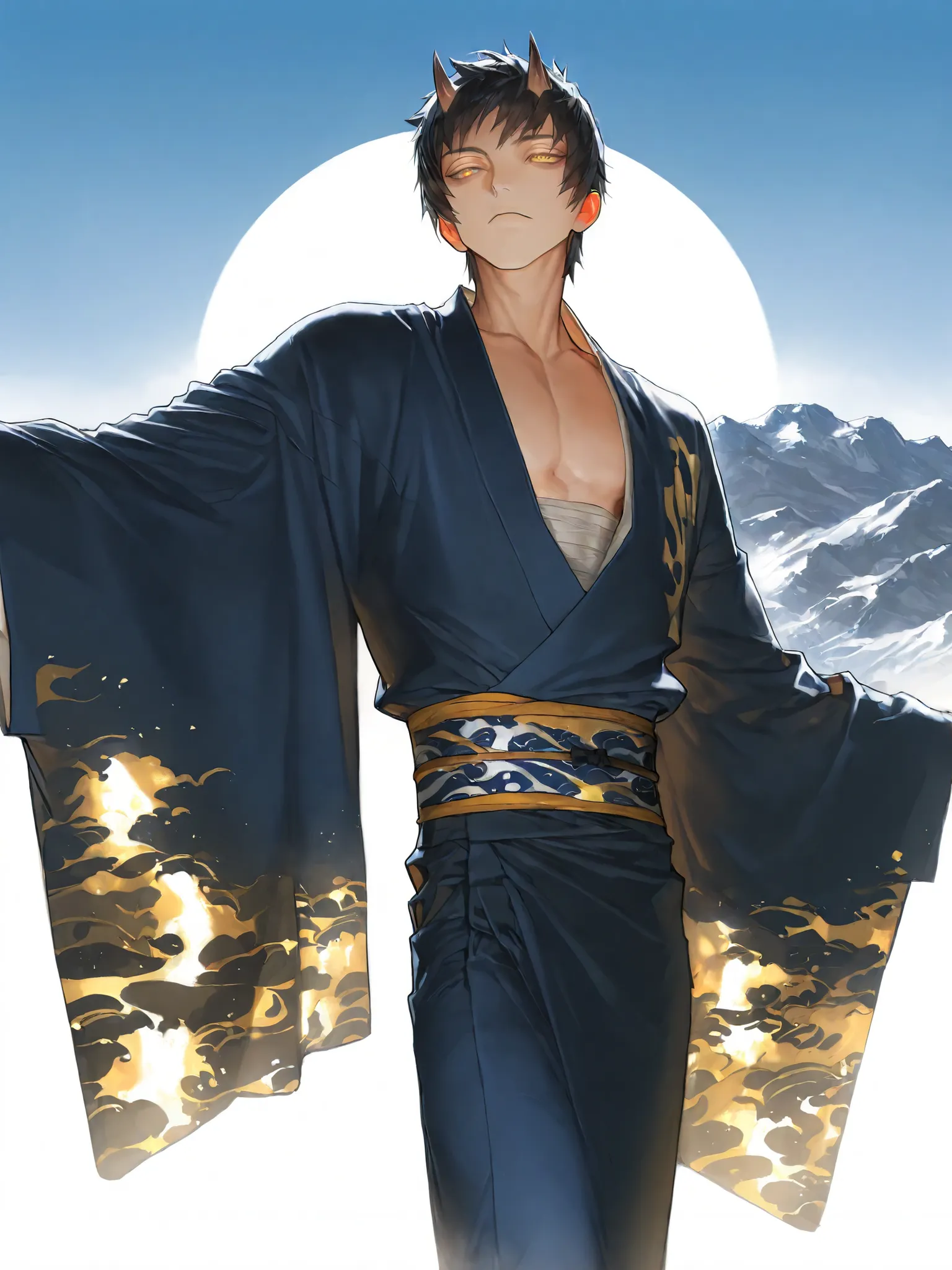 1man,pose ,in mountain,（1man,oni,very handsome）,black hair,short hair,golden eyes,cool,smart,kimono japanese shinto sherman,beautiful face,detailed clothes,emotionless beautiful,masterpiece,high quality,(perfect detailed illustration ),masterpiece,8k,high ...