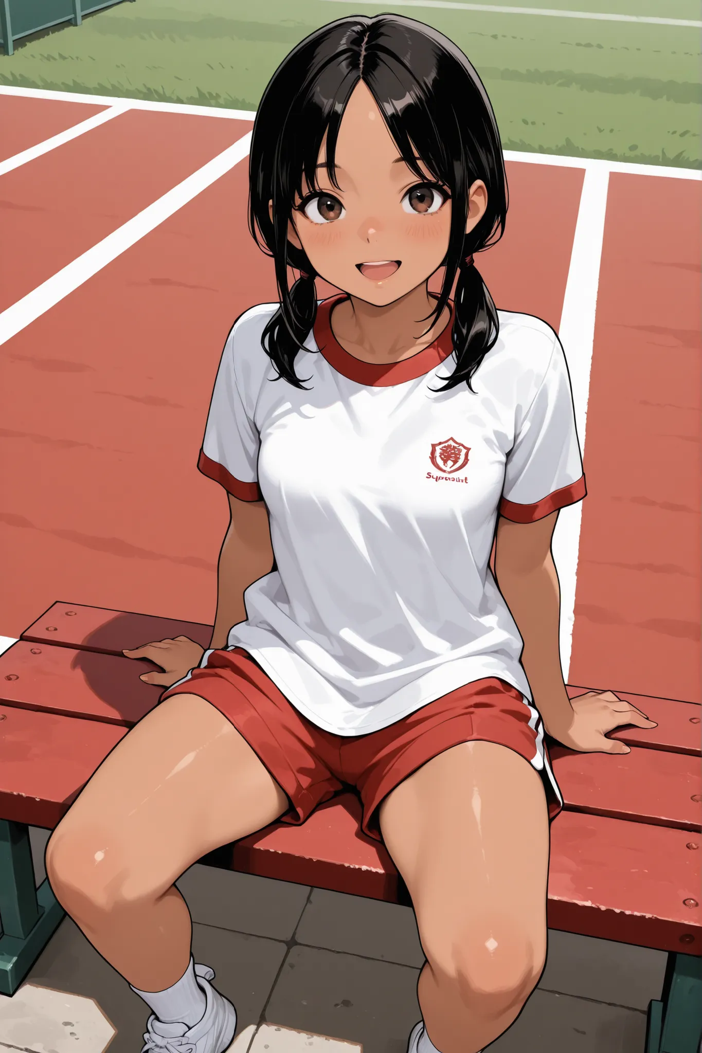 1girl,Super Detailed,absolute resolution,(dynamic angles),(tanned skin:0.3),((pinup)), on schoolyard,Sitting on bench,,white shirt,gym shirt,((untucked shirt)),((red oversized track shorts)),white ankle socks,white sneakers,,detailed and beautiful face and...