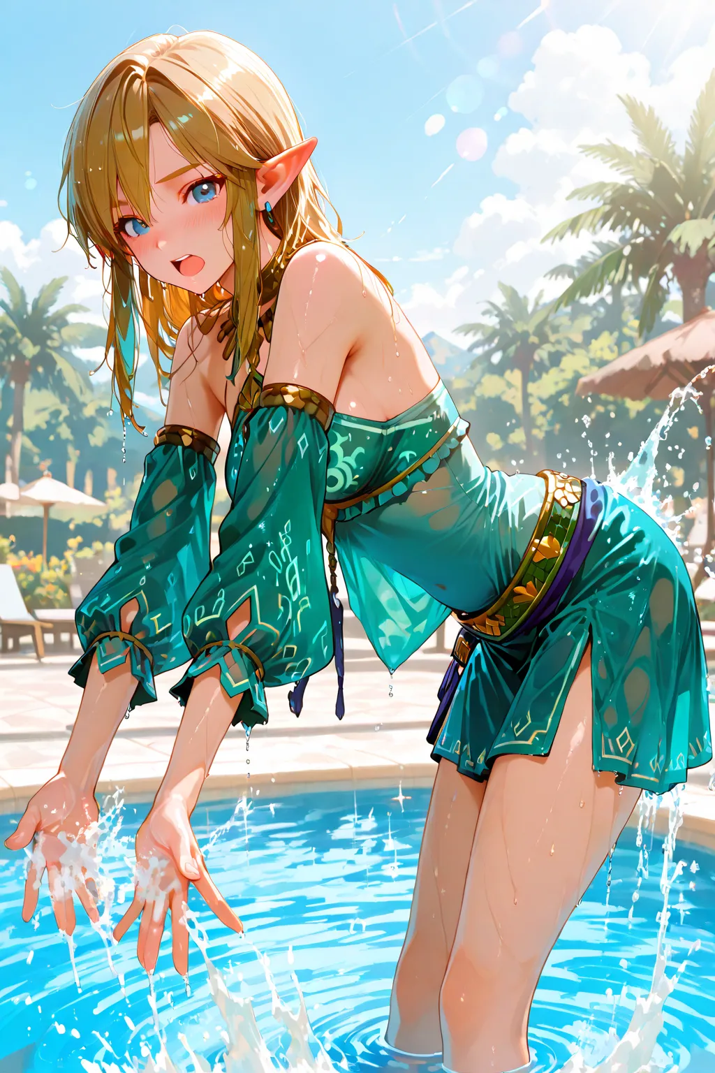 link, 
amazing quality, high resolution, ultra-detailed, gerudolink, solo, looking at viewer, pointy ear,
masterpiece, best quality, very aesthetic, absurdres,medium breasts,
water fight, outstretched arms, water, open mouth, day, splashing, wading, sparkle, pool, lens flare, outdoors, outstretched hand, blue sky,
wet,wet hair, wet clothes,leaning forward, bent over, <lora:waterfight_Illust_v1:0.8>
from side, full body, looking at viewer,excited, open mouth, blushing