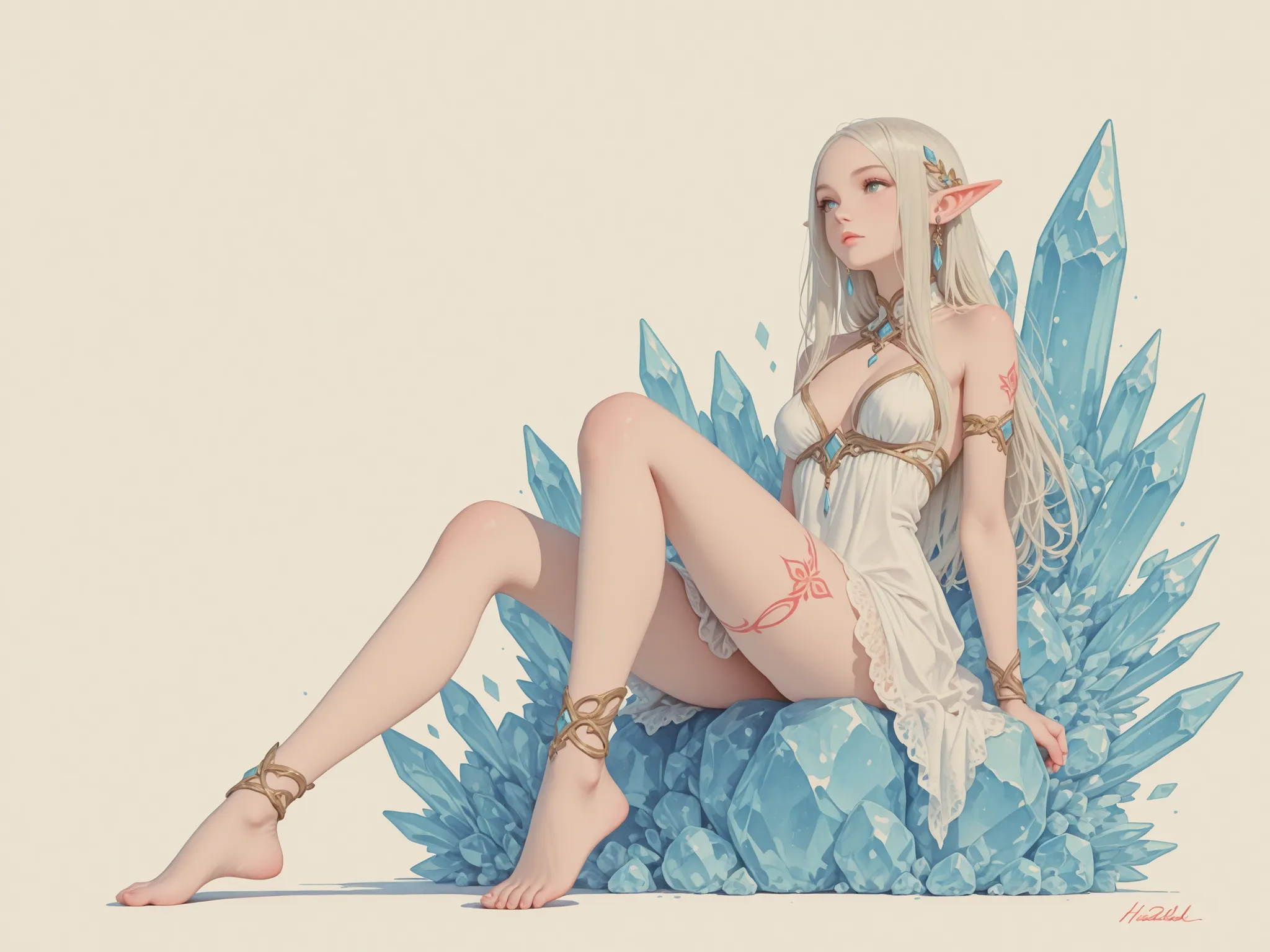 no lineart,no outline,,haiz_ai,crystal,long hair,elf,Watercolor anime,tattooedgirl,perfect feet