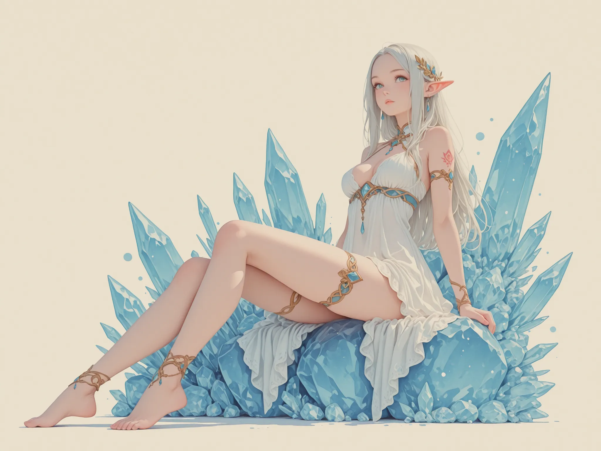 no lineart,no outline,,haiz_ai,crystal,long hair,elf,Watercolor anime,tattooedgirl,perfect feet