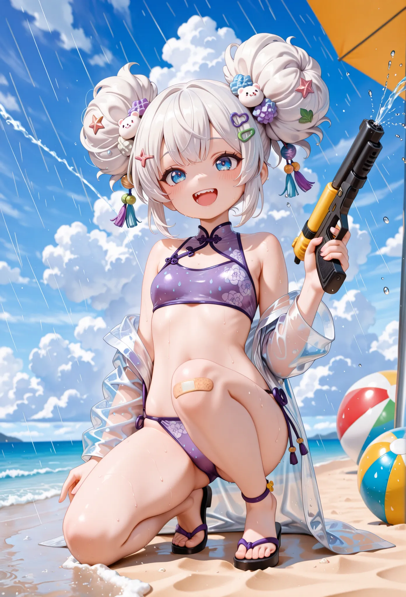 score_9, score_8_up, score_7_up, masterpiece, highest quality, perfect features, highest resolution, 8K, amazing quality, narrow eyes, clear eyes, 1girl, solo, ((chibi)), short, (bun hair), ((bun hair with cloud pattern, big cloud hair ornaments on both sides, rain-like drops flowing from the cloud hair ornaments, 💧 hairpin)), white hair with purple stripes, medium hair, double teeth, narrow eyes, blue eyes, short hair, purple cheongsam bikini, hydrangea cheongsam bikini, girl in cheongsam bikini, slit, translucent raincoat bikini, ((large colorful band aid on one knee)), laugh, have fun, swimsuit, bikini, pareo swimsuit, water pistol, water pistol, beach ball, ocean, beach, beach umbrella