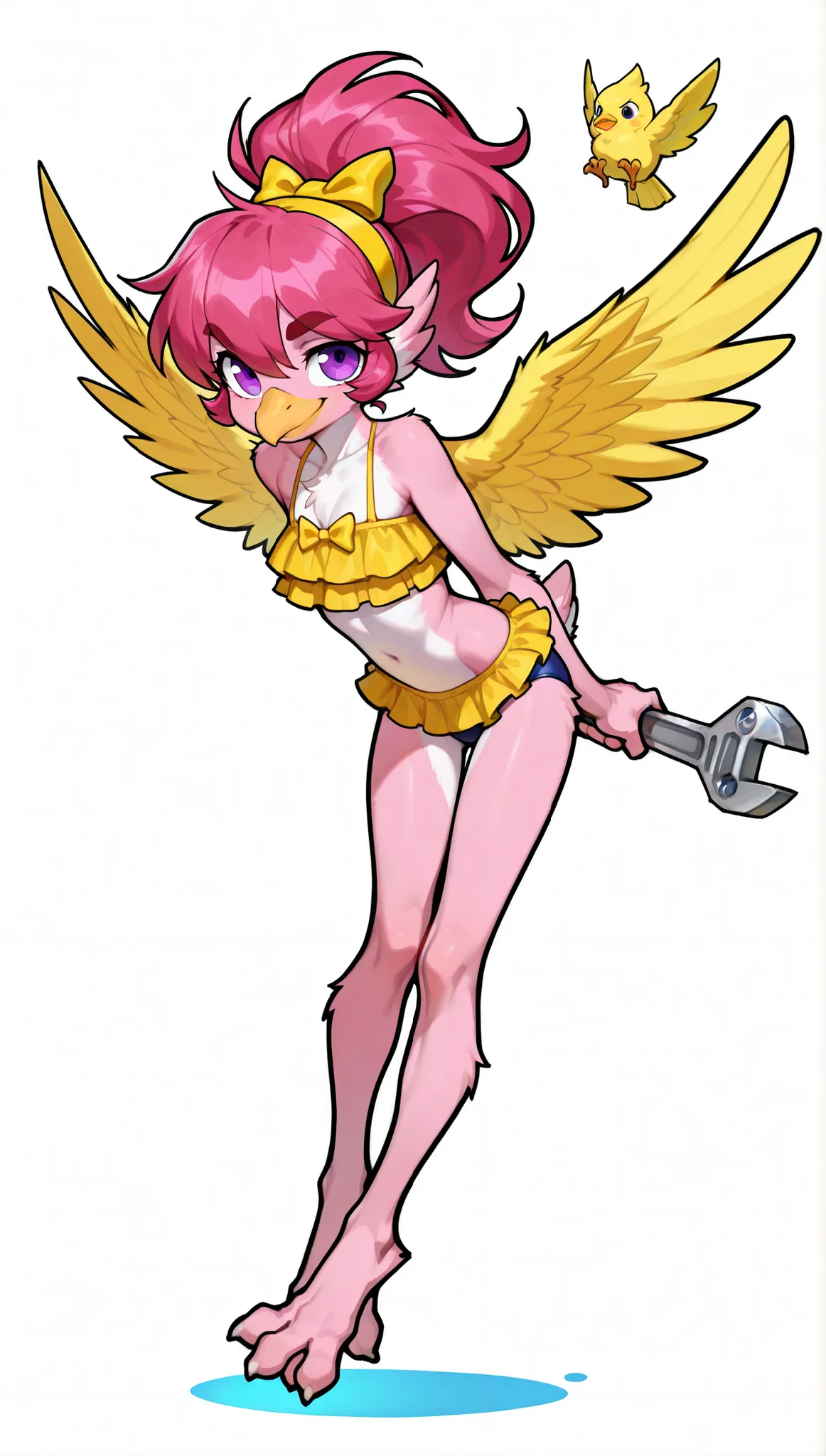 score_9,score_8_up,score_7_up, source_cartoon, spurce_anime, source_furry, solo, alone, Furry girl, feathered pointed ears, anthro bird, yellow beak, magenta hair, pointed spiky hairstyle, pointed spiky ponytail, anime style, small breasts, purple eyes, bi...
