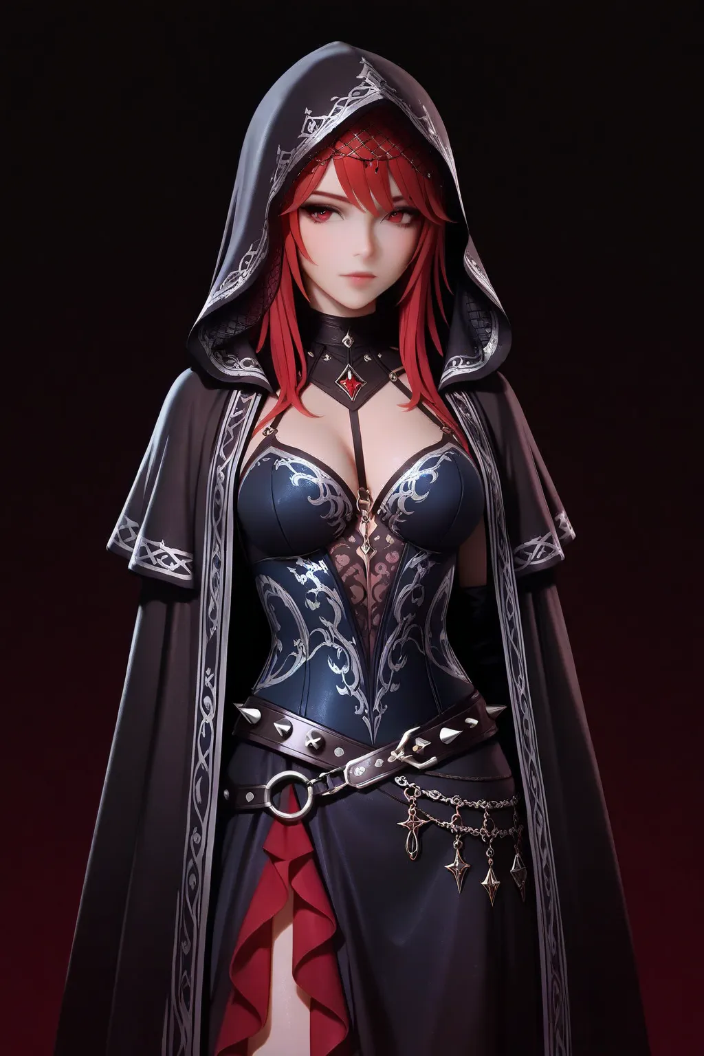 Draw a red-haired woman,A dark, mystical outfit featuring a hooded cloak, crisscrossed embroidered bodice, and a layered skirt adorned with silver patterns and dangling charms. Metallic jewelry, a spiked belt, and sheer trailing veil complete the look, blending fantasy, elegance, and warrior-like strength.Isekai, the mysterious assassin
