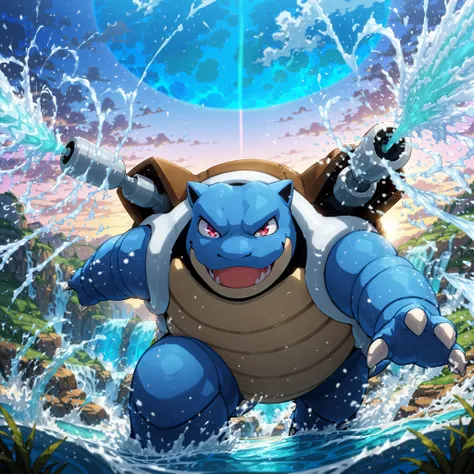 Cartoon masterpiece, movie quality, best quality, intricate detail, ultra detailed, vivid colors, cinematic, rear over the shoulder view of zzblastoise shooting jets of water towards a businessman with a watergun