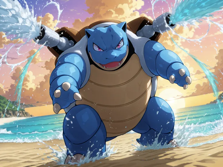 high quality, masterpiece, ultra highres (zzblastoise:1.4), background, front view, left side of frame, large imposing pokemon, dark blue armored shell, twin water cannons extended, cannons pointing forward, firing powerful water streams forward, dynamic a...