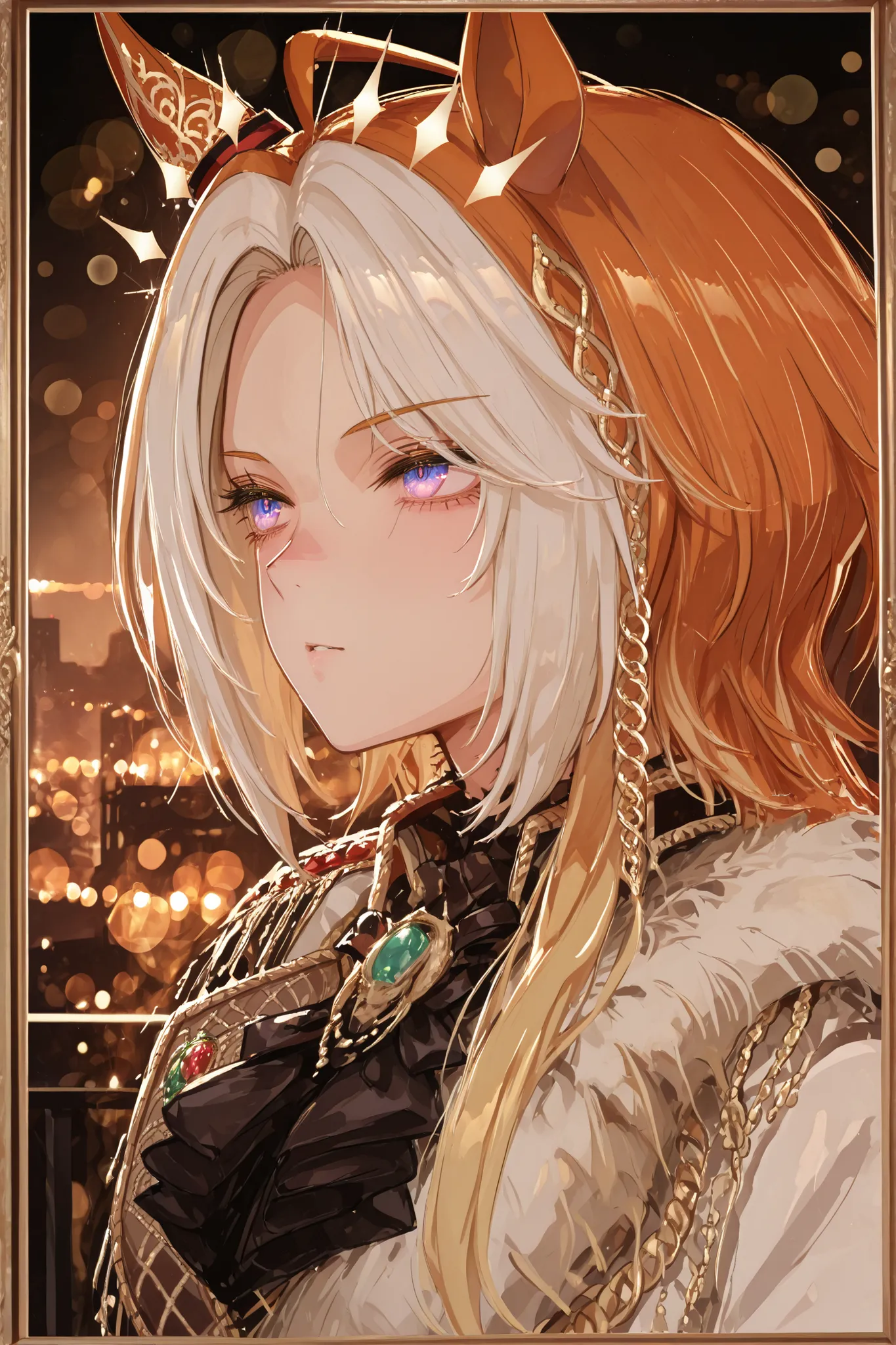 masterpiece、orfevre \(umamusume\)、A dramatic anime-style bust-up portrait of a character, framed like a cinematic photograph. The background features a stunning night cityscape with vibrant, glowing lights and soft bokeh effects, creating a dreamy and atmo...