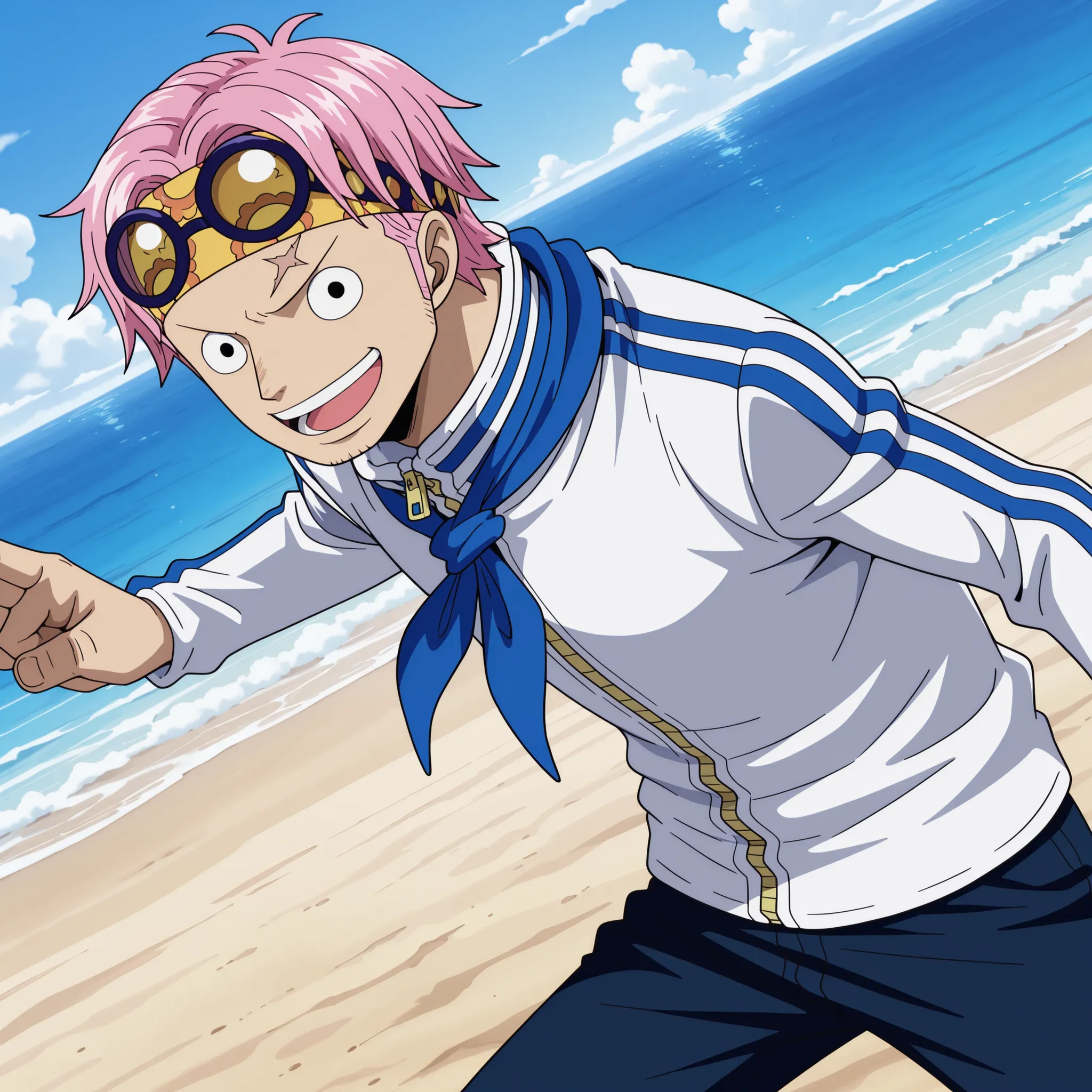 masterpiece, best quality, newest, absurdres, highres, safe, anime style, anime capture, anime screen, 1boy, solo, one piece, koby (one piece), black eyes, scar on face, pink hair, short hair, headband, eyewear on head, track jacket, long sleeves, zipper, ...