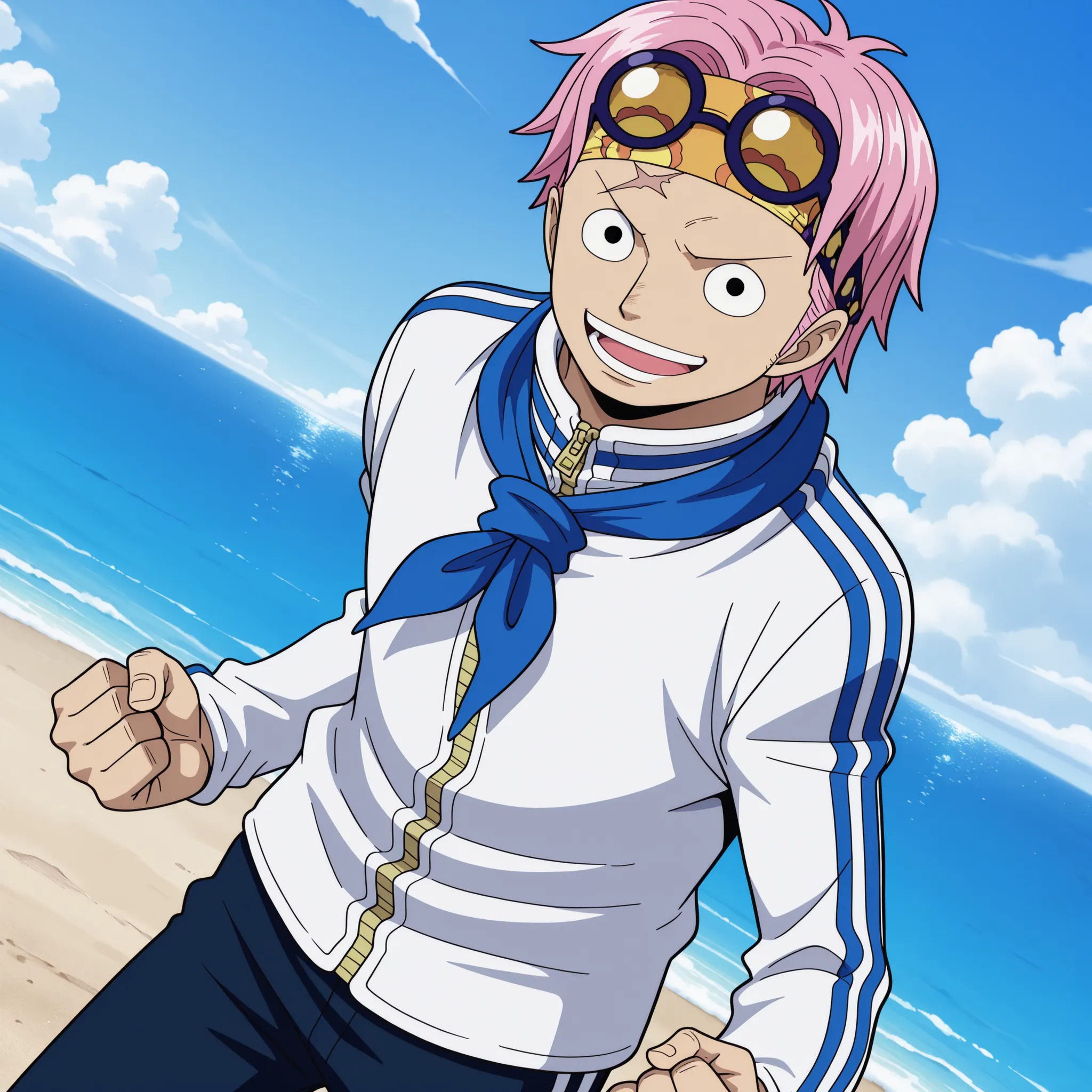 masterpiece, best quality, newest, absurdres, highres, safe, anime style, anime capture, anime screen, 1boy, solo, one piece, koby (one piece), black eyes, scar on face, pink hair, short hair, headband, eyewear on head, track jacket, long sleeves, zipper, ...