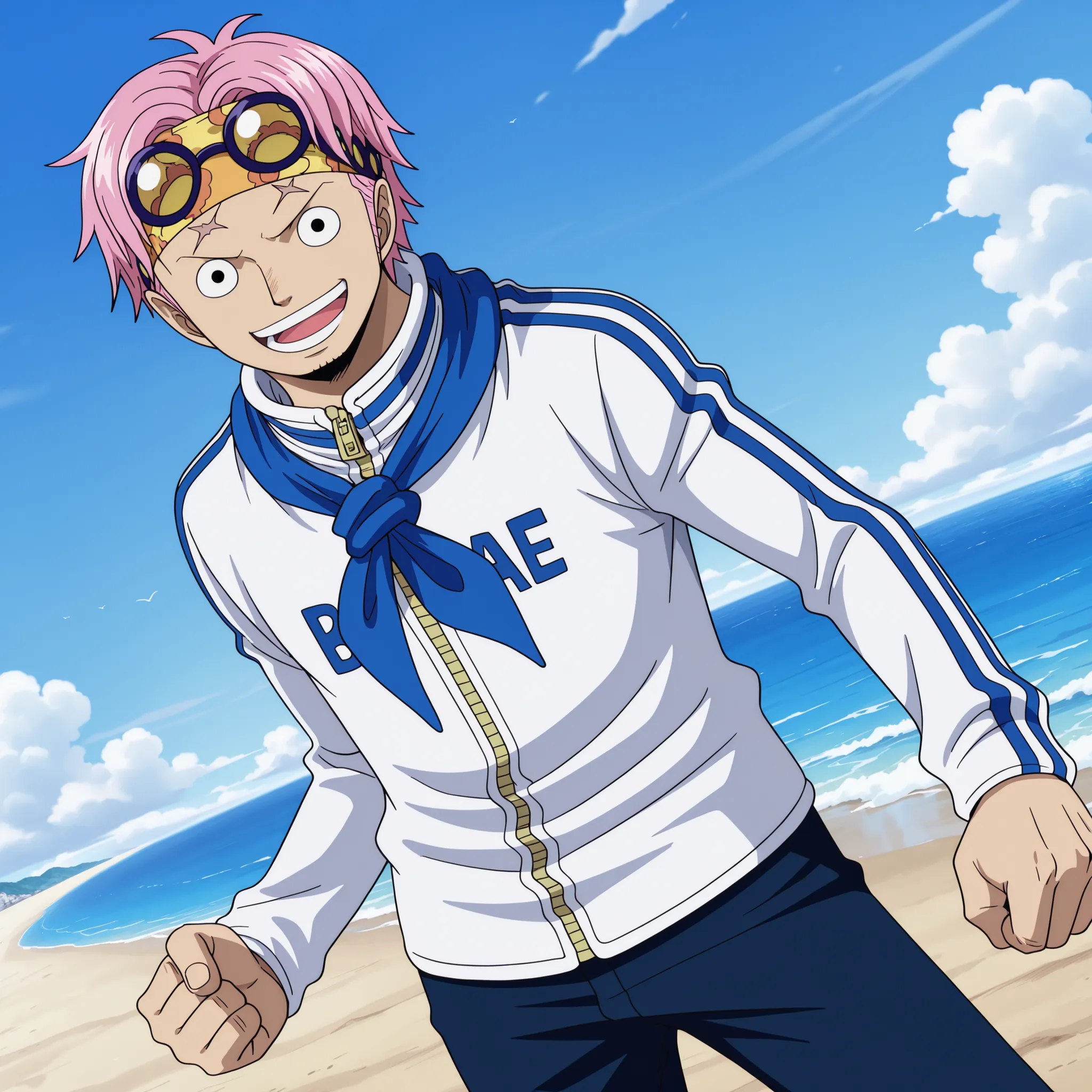 masterpiece, best quality, newest, absurdres, highres, safe, anime style, anime capture, anime screen, 1boy, solo, one piece, koby (one piece), black eyes, scar on face, pink hair, short hair, headband, eyewear on head, track jacket, long sleeves, zipper, ...