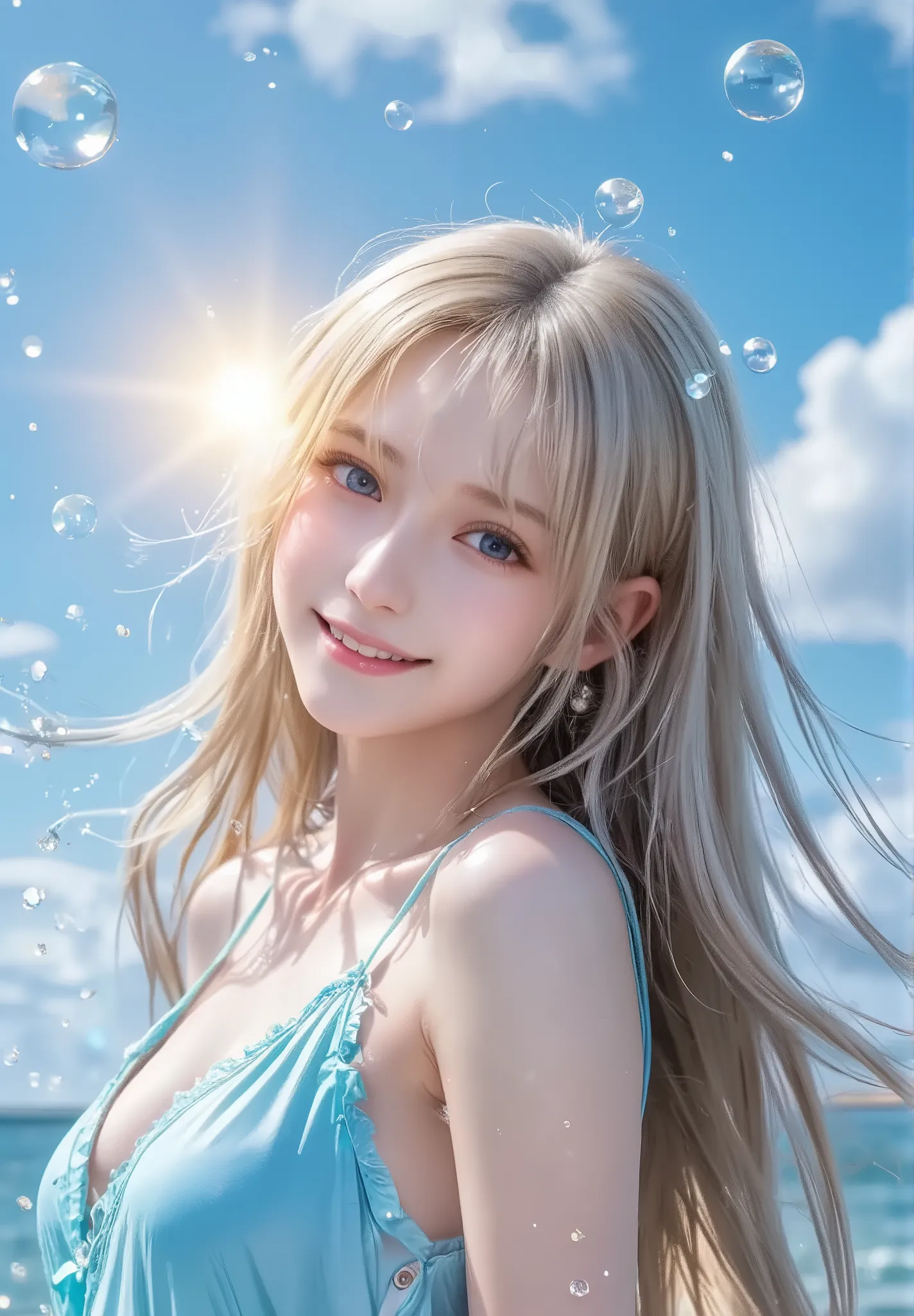 a dramatic upward angle from the water surface, showing a cheerful anime-style girl splashing water directly at the camera with both hands, her face full of excitement, sunlight shining behind her head like a halo, big water droplets flying toward the view...