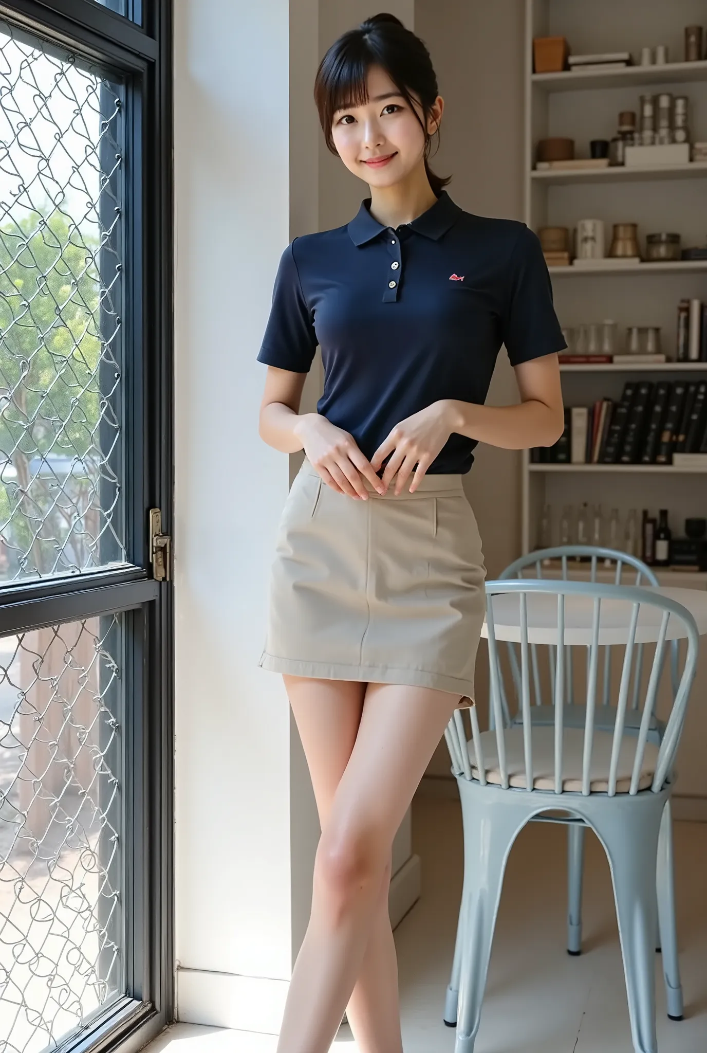 (A beautiful mature Japanese woman, 35 years old),
(A well-defined oval face, glossy lips),
(Short, straight black hair in a ponytail),
(Slender figure, small waist, beautiful bust silhouette),
(Dark blue short-sleeved polo shirt, slim beige chino miniskir...