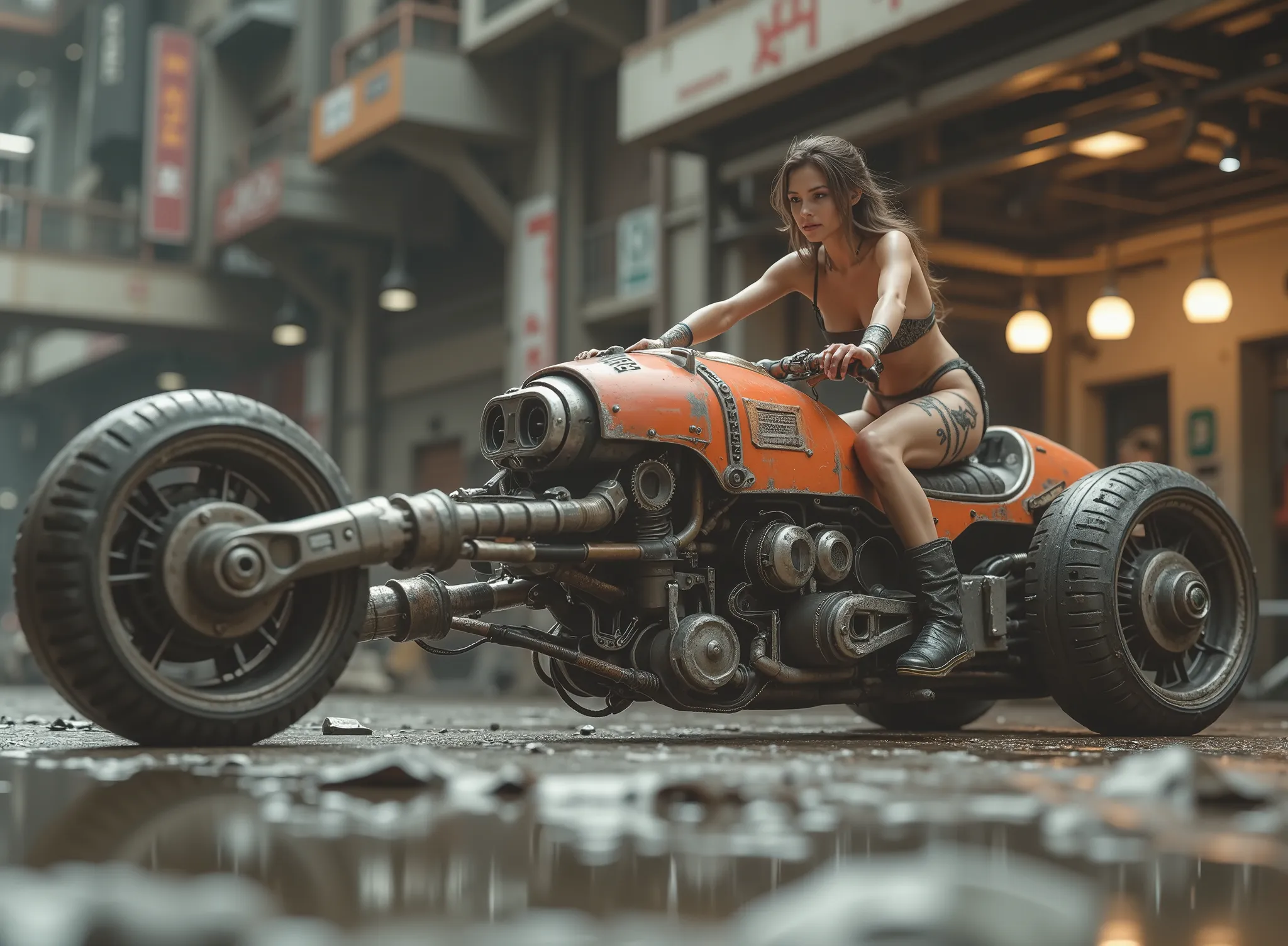HD quality photography, cinematographic photograph using the rule of thirds and composition on planes Photo a 3/4 full body shot counterposed at ground level,  soft light, unmarked contrasts, a retro-futuristic motorcycle (Hoverbike) ( speederbike) two-whe...