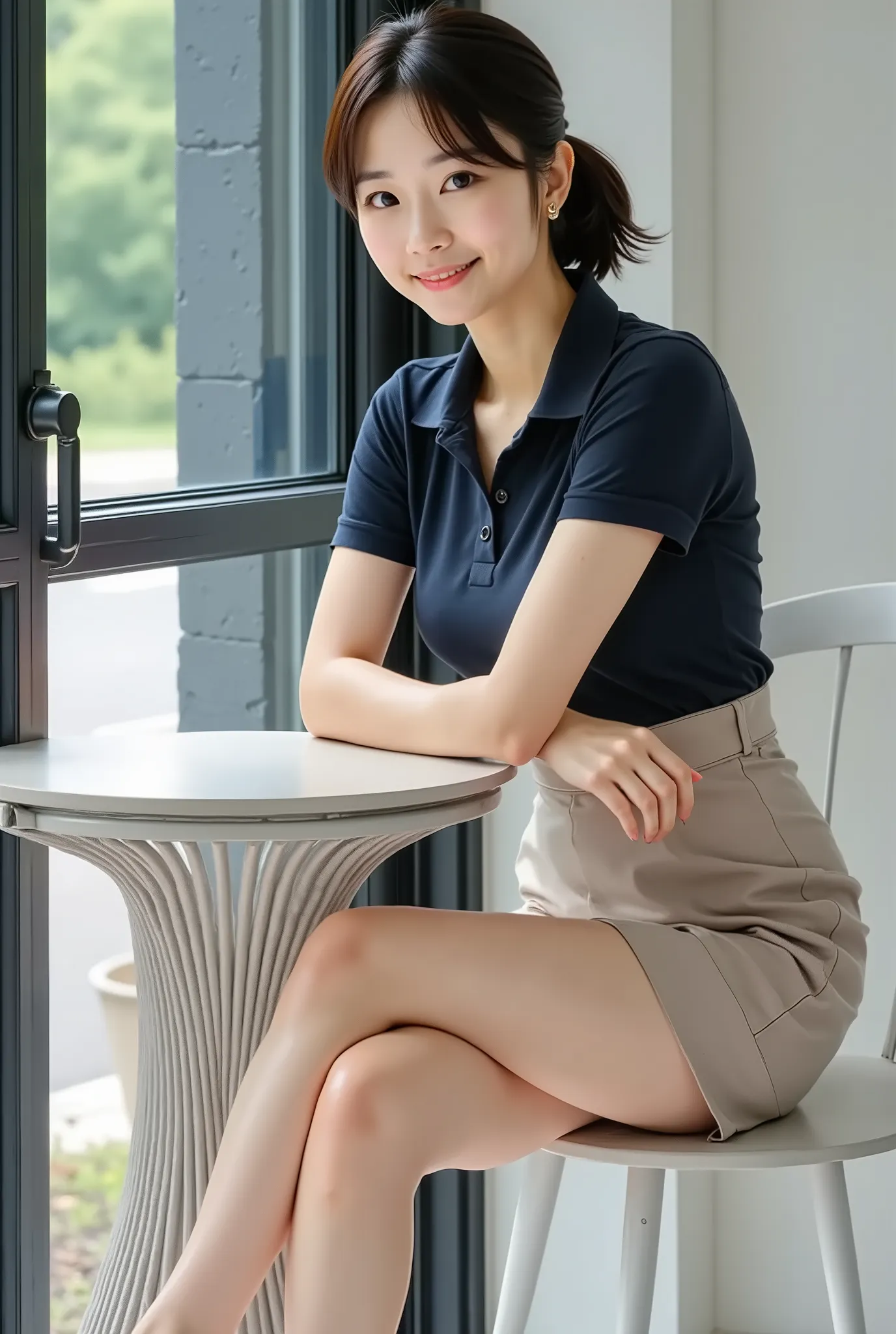 (A beautiful mature Japanese woman, 35 years old),
(A well-defined oval face, glossy lips),
(Short, straight black hair in a ponytail),
(Slender figure, small waist, beautiful bust silhouette),
(Dark blue short-sleeved polo shirt, slim beige chino miniskir...