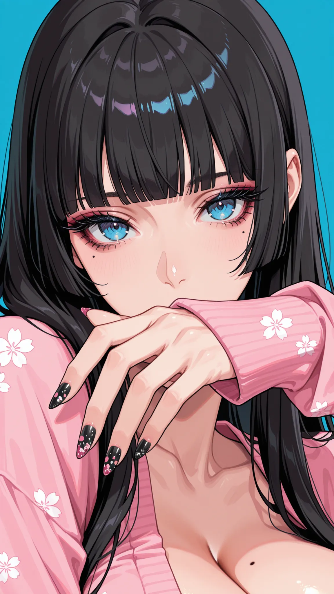 masterpiece, best quality, 1girl, solo, bangs, mole under eye, black nails, blunt bangs, mole, blue background, simple background, black hair, looking at viewer, eyelashes, fingernails, nail polish, black pink cherry blossom nail polish nail art pattern, c...