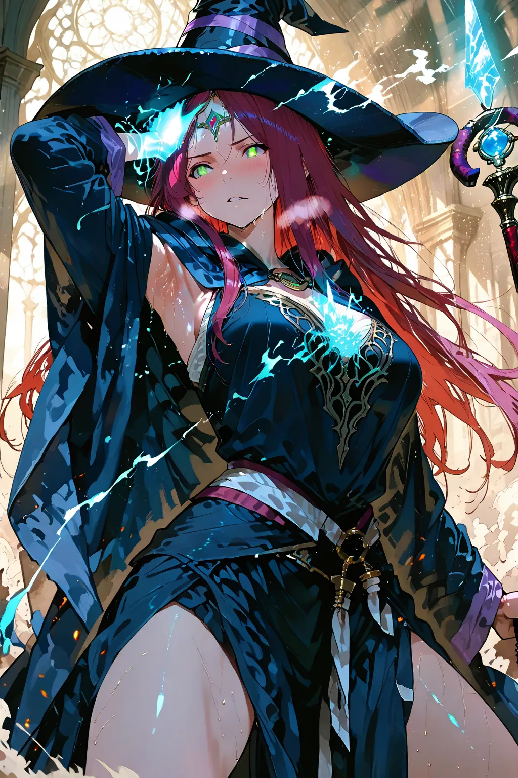masterpiece, 8k, fantasy world, female mage, sorceress, 1girl, high detail, cinematic lighting, vivid colors, epic fantasy illustration, wielding a large ornate staff with a glowing crystal, casting an extremely powerful spell during battle, swirling arcane energy around her staff and hands, intense radiant light illuminating the scene, flowing energy currents around her, wearing a large pointed wizard hat with arcane symbols, long elegant cloak fluttering in the breeze, intricate layered robes with magical patterns, sunlight breaking through clouds, dust and glowing particles in the air, embers floating, focused and fierce expression, light sweat on forehead, determined sharp eyes, soft parted lips, subtle blush, heavy breathing, strands of hair sticking to cheeks, graceful posture, steady stance amid chaos, cloak and robes moving with wind, looking slightly upward with intense concentration, bright and intense magical light in a tense battlefield, dynamic low-angle shot, heroic and intense fantasy atmosphere, midday, standing, spread legs, sweaty armpits, cowboy shot