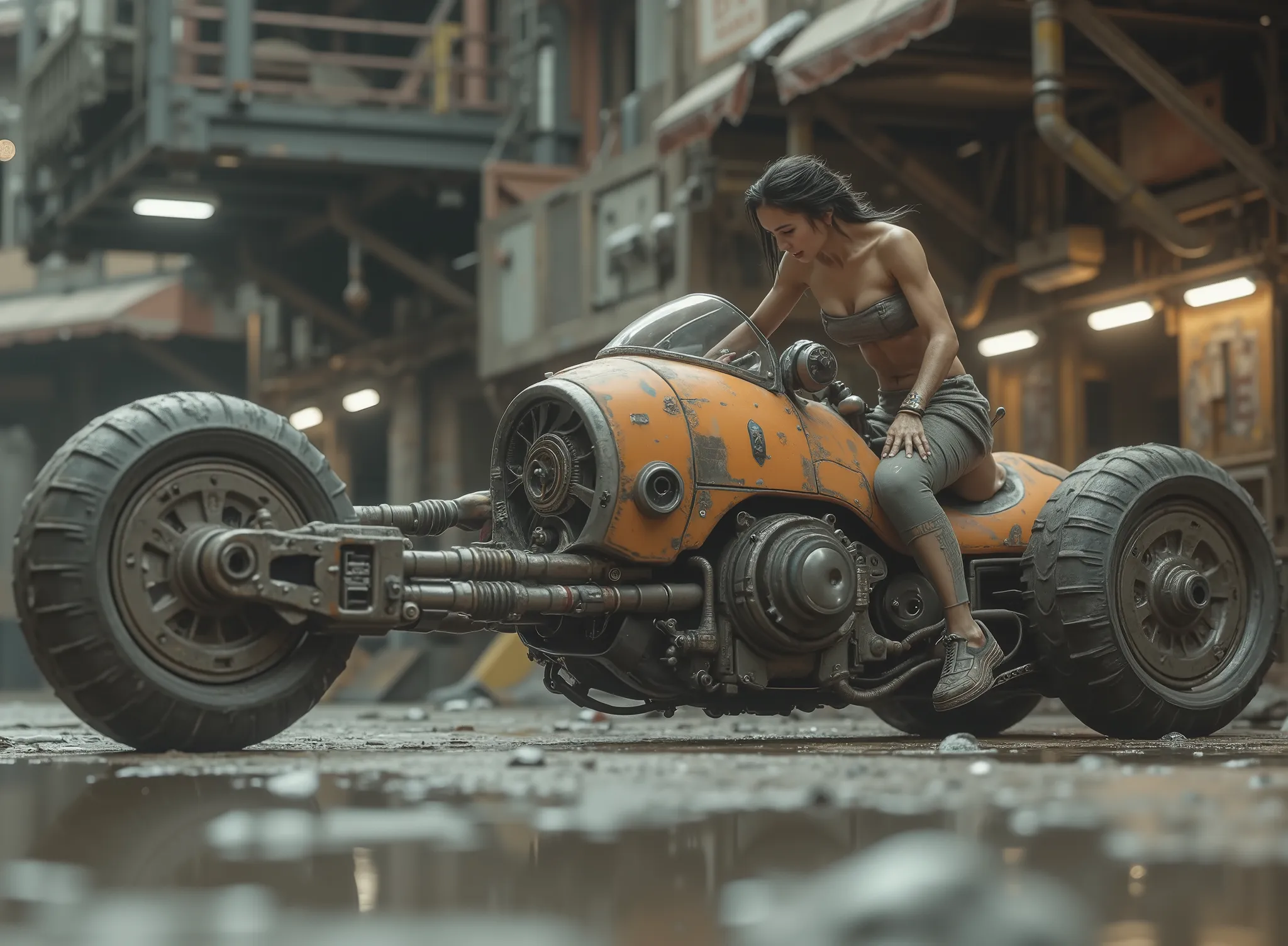 HD quality photography, cinematographic photograph using the rule of thirds and composition on planes Photo a 3/4 full body shot counterposed at ground level,  soft light, unmarked contrasts, a retro-futuristic motorcycle (Hoverbike) ( speederbike) two-whe...