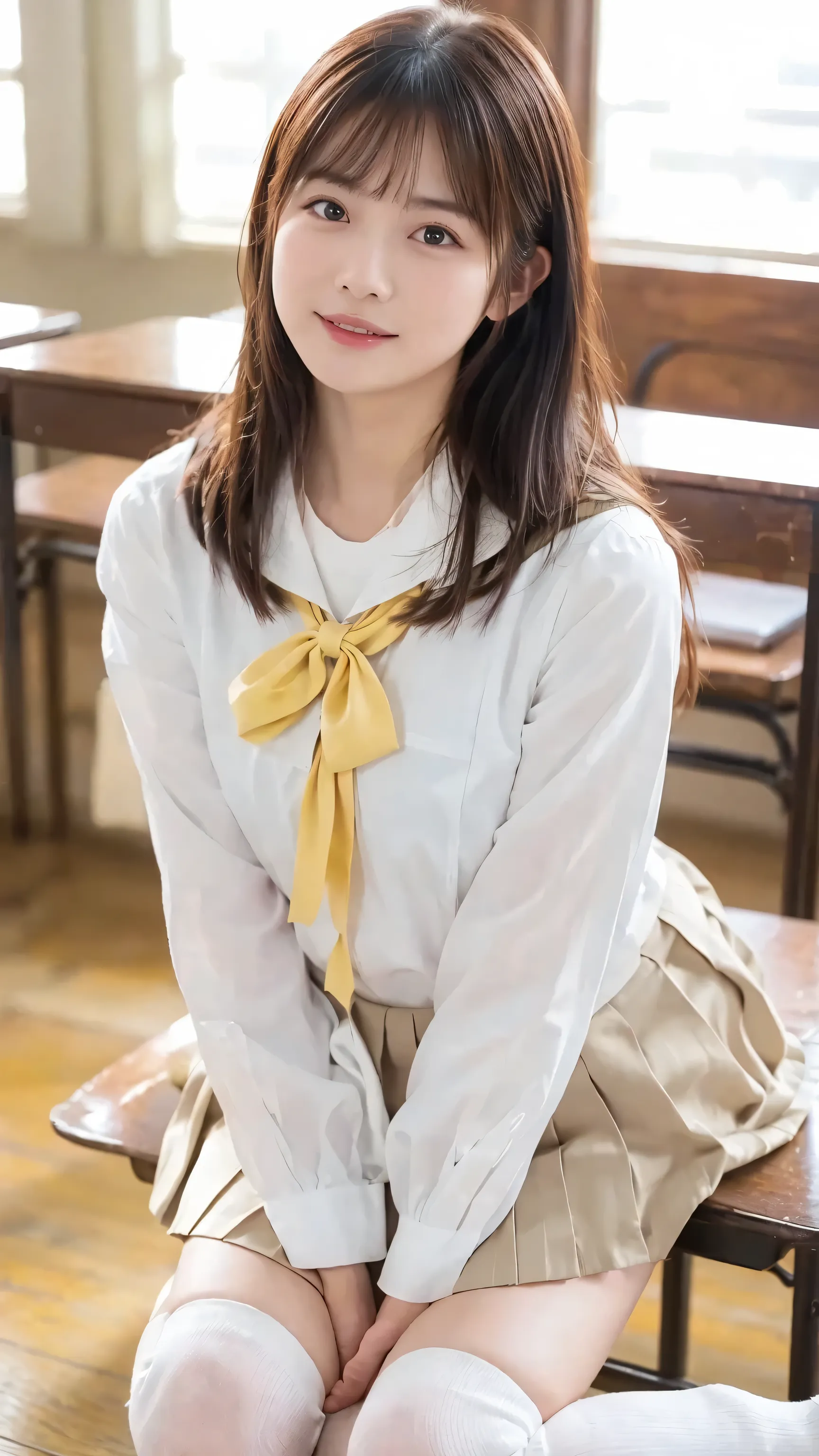 ((masterpiece)), (( top quality)), ( details), (( 非常にdetailsな)), 4K, (8k),  top quality, (  beautiful ),  upper body,  focus on the whole body,  in the classroom ,  cute woman,  1 woman 、  beautiful  mature woman, Alone, ( Japanese High School Uniforms 、 p...