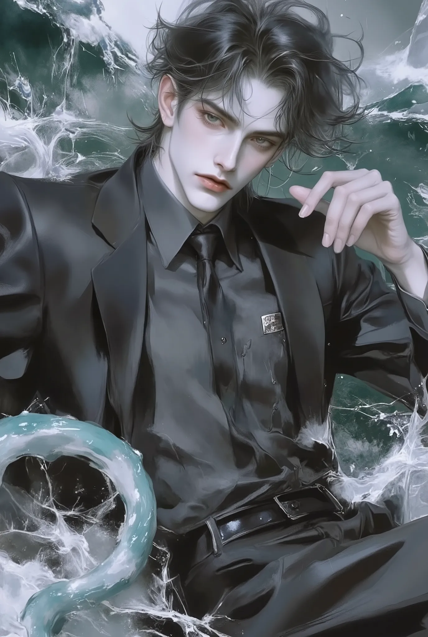 8k , masterpiece , 20 year old male , beauty, male-centered , beauty man, Thick painted , Perfect Eyes , semi-realism art , semi-realism art style , masterpiece , top quality , amazing quality , Exquisite Details , very detailed , alone , dark ocean backgr...