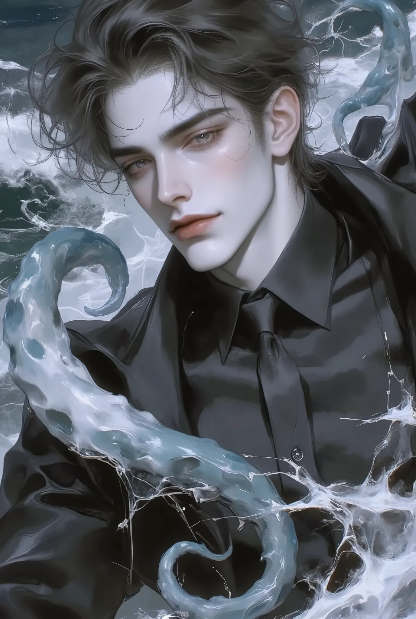 8k , masterpiece , 26 year old male , beauty, male-centered , beauty man, Thick painted , Perfect Eyes , semi-realism art , semi-realism art style , masterpiece , top quality , amazing quality , Exquisite Details , very detailed , alone , dark ocean backgr...