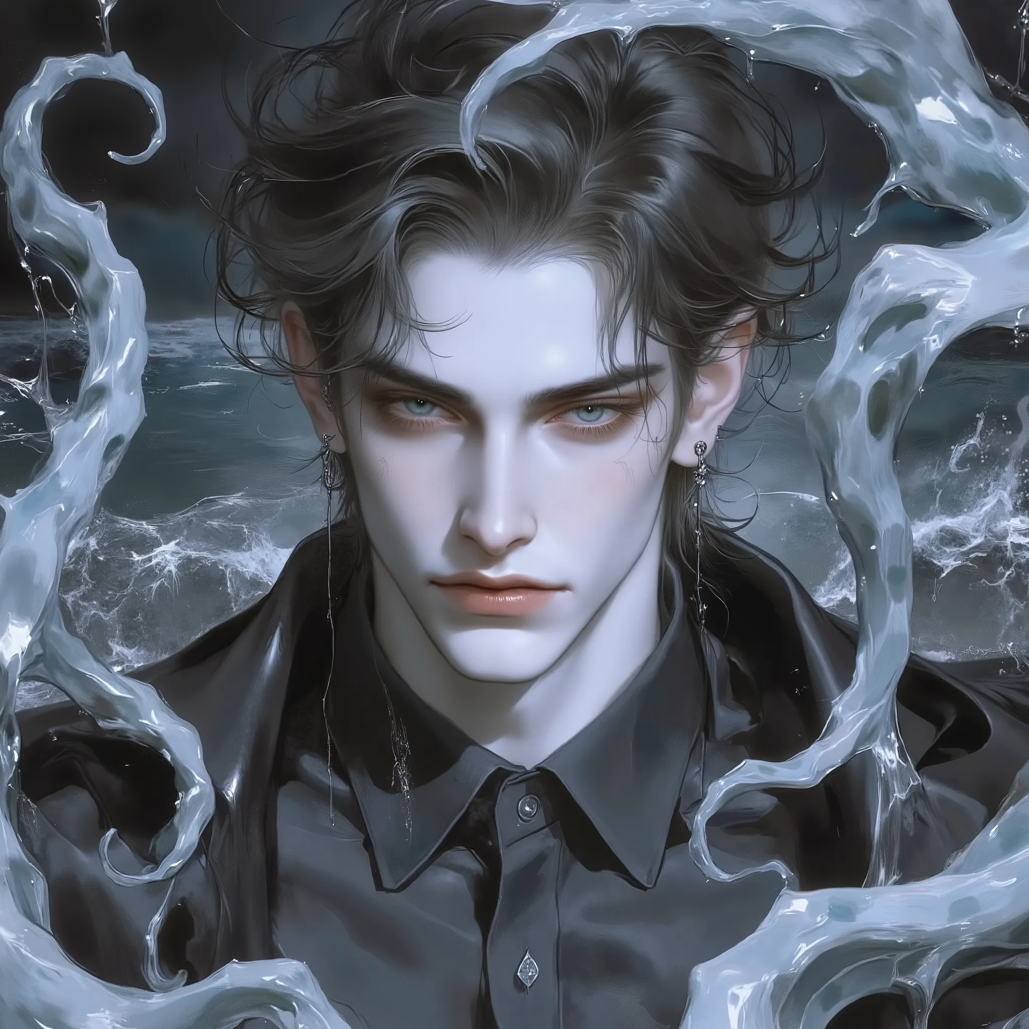 8k , masterpiece , 26 year old male , beauty, male-centered , beauty man, Thick painted , Perfect Eyes , semi-realism art , semi-realism art style , masterpiece , top quality , amazing quality , Exquisite Details , very detailed , alone , dark ocean backgr...