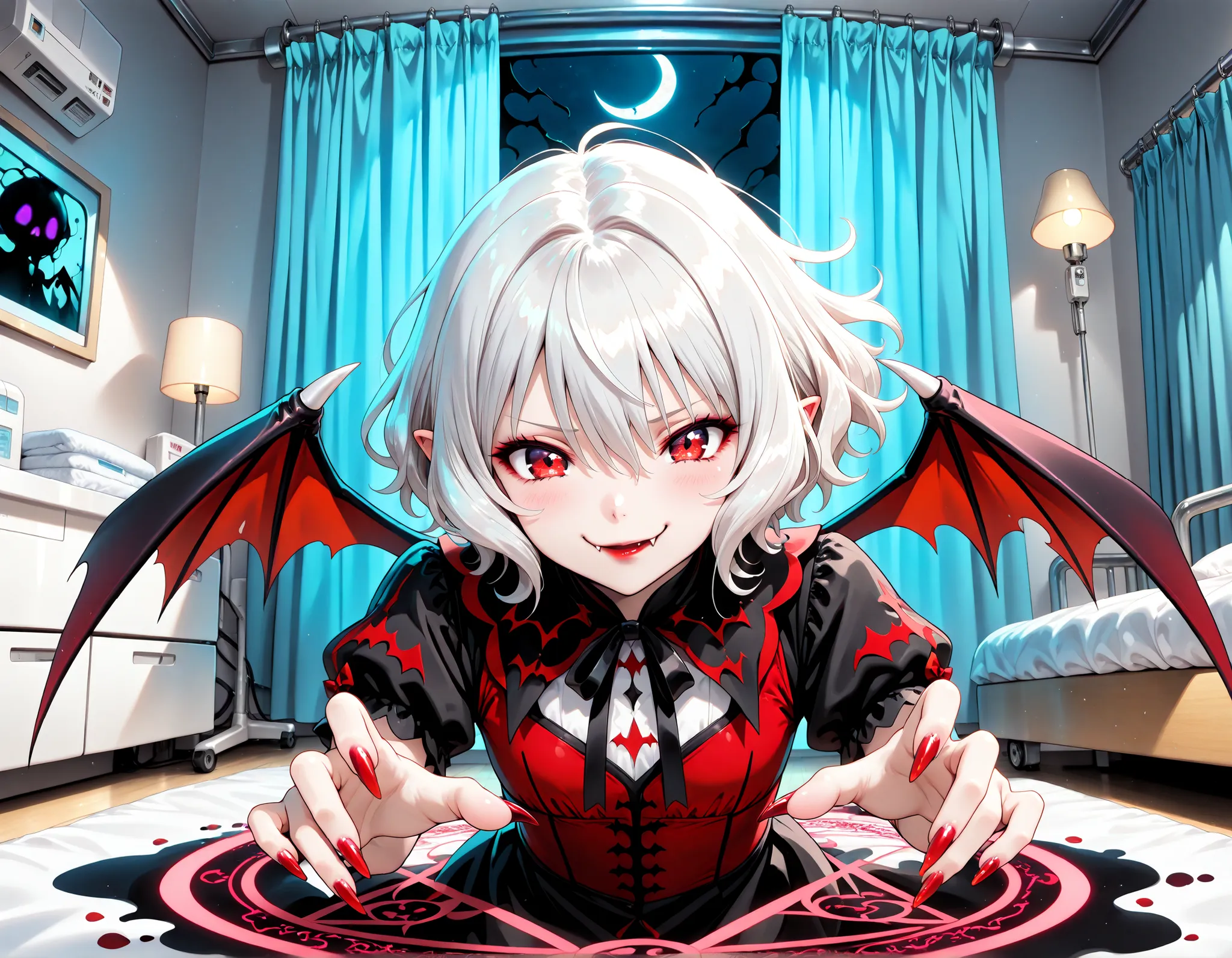 Very High resolution,cute anime-style,masterpiece,best quality,amazing quality,hyper-detailed,very aesthetic,A hospital room late at night,The lights are out,(Darkness:1.4),A private room,An open window,Curtains fluttering in the wind,A crescent moon,A mag...