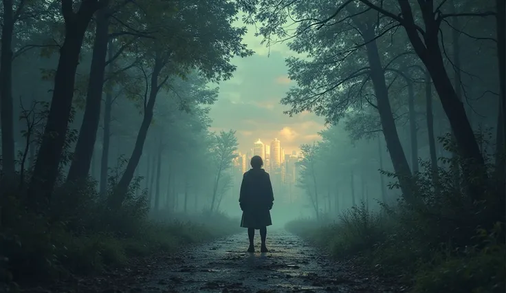 A figure stands at a crossroads. One path leads into a dark, unknown forest filled with mystical light. The other path leads back to a distant, brightly lit city encased in a glass dome, representing a familiar but artificial life. The figure is looking ba...