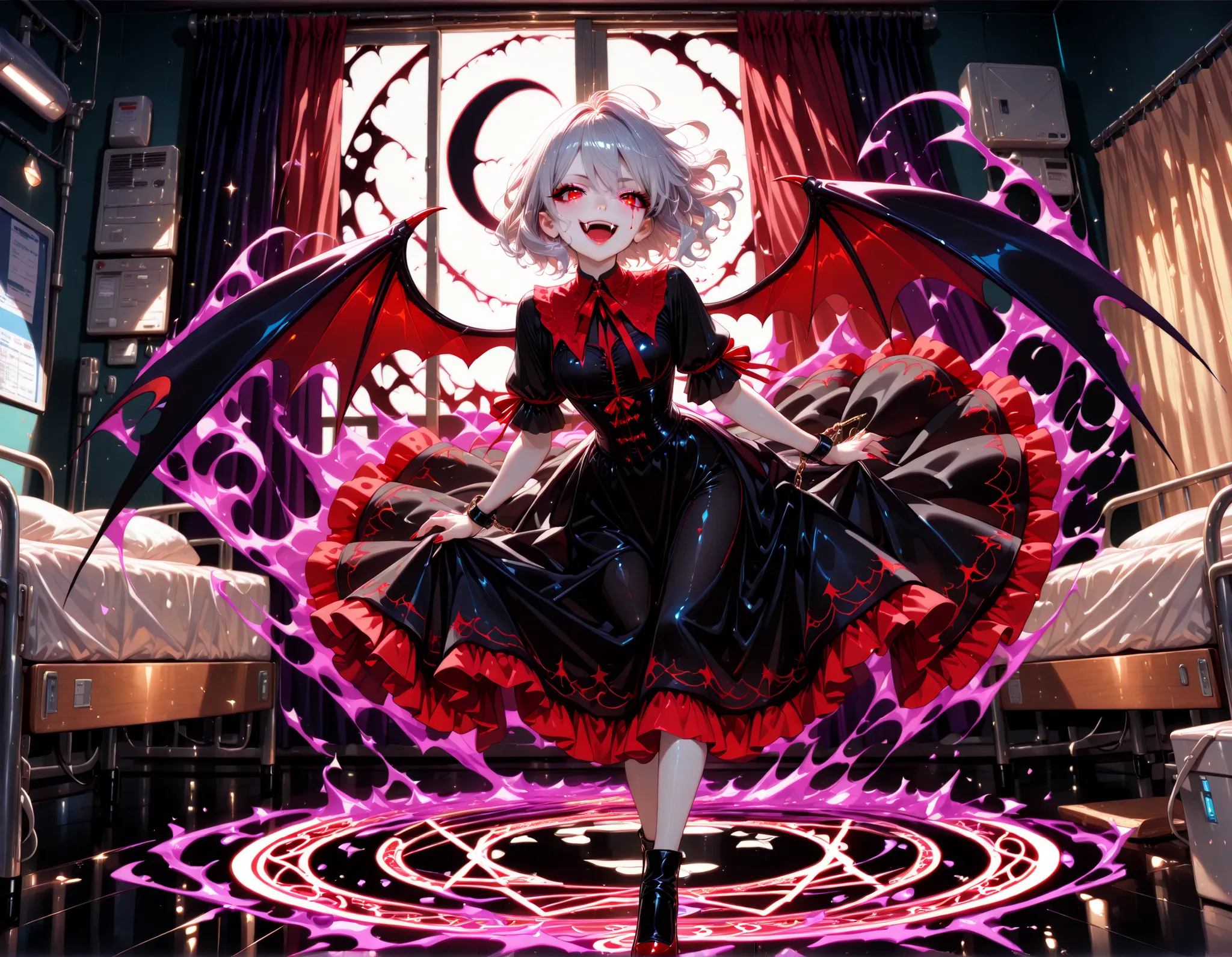 Very High resolution,cute anime-style,masterpiece,best quality,amazing quality,hyper-detailed,very aesthetic,A hospital room late at night,The lights are out,(Darkness:1.4),A private room,An open window,Curtains fluttering in the wind,A crescent moon,A mag...
