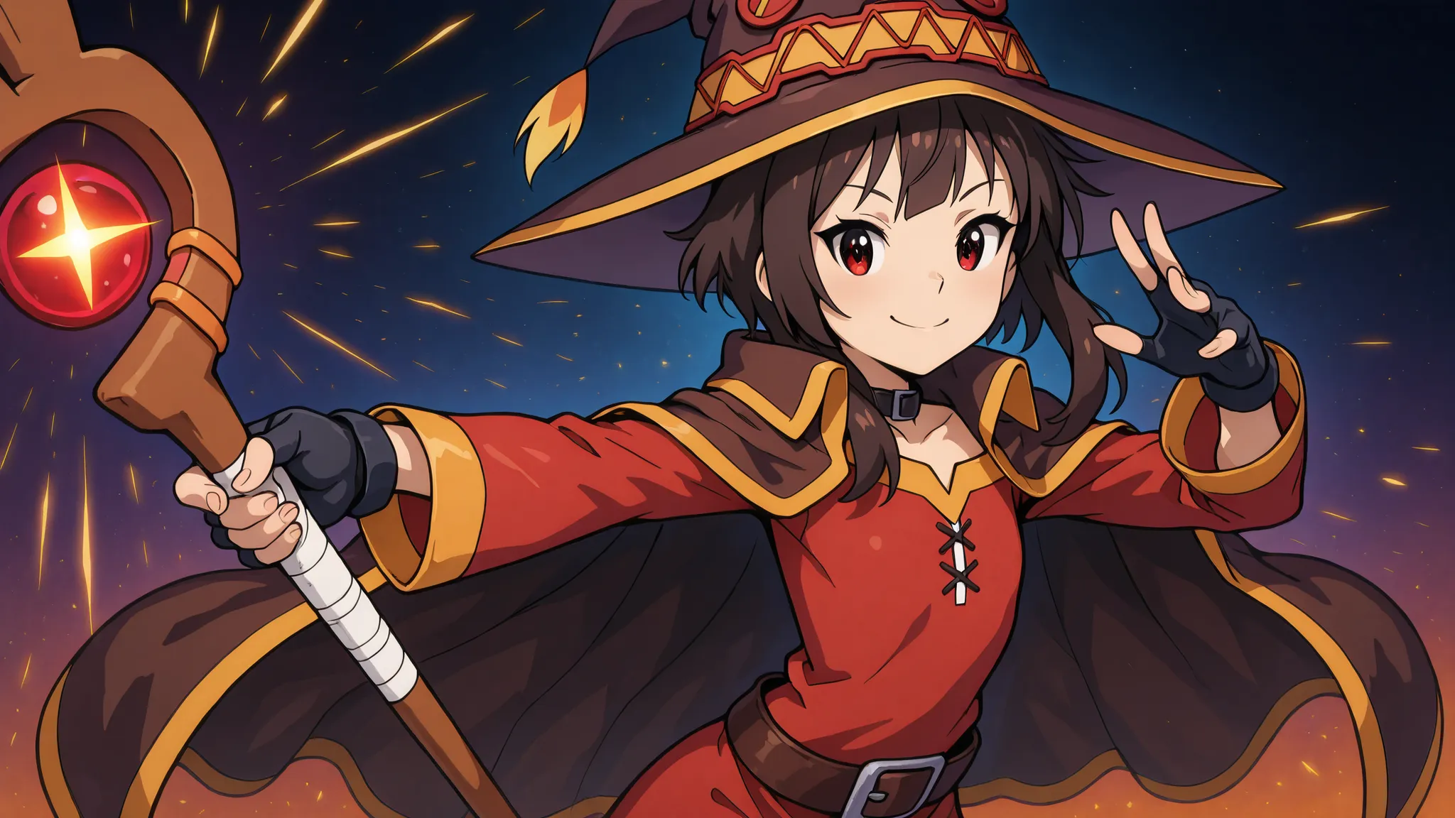 masterpiece, лучшее качество, 1 girl, One, eyelashes, (beautiful eyes), focus,    Шорты под юбкой We4resob4ck, "Silverkopf", flat chest, (skinny),    Megumin, One, looking at the viewer, smile, red eyes, black hair, short hair with long strands, gloves, wi...