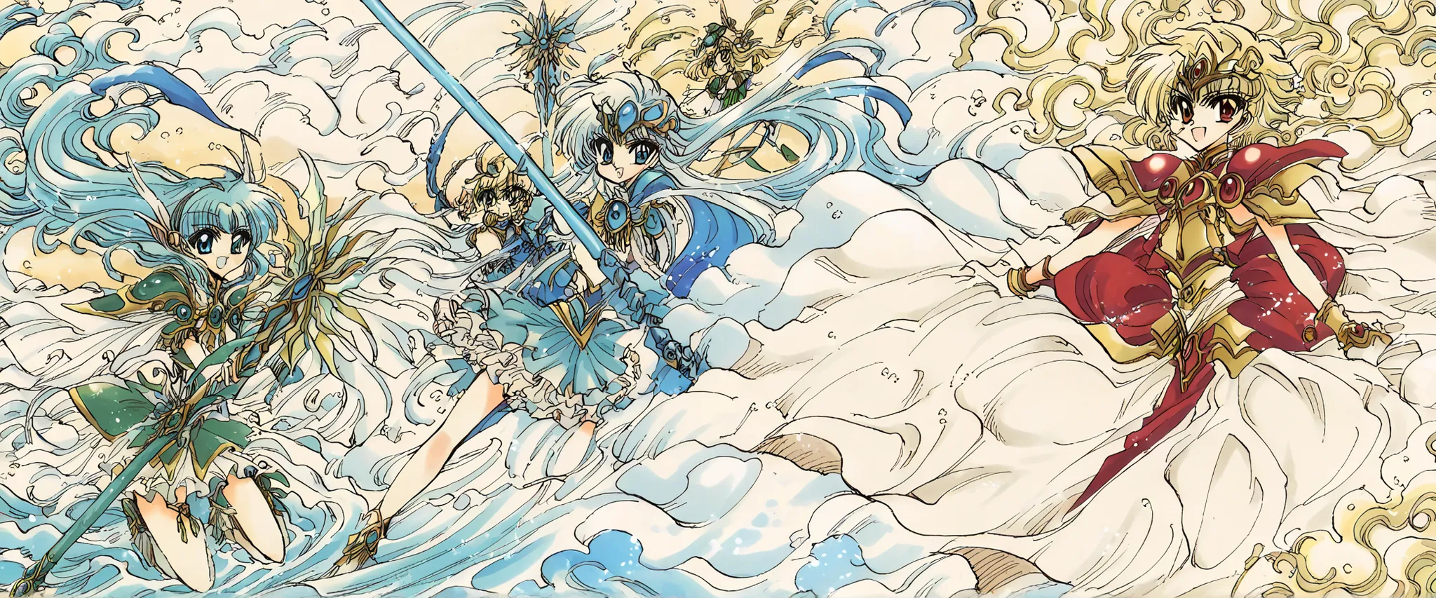"Oda Eiichiro style (dress), draw two magical warrior girls inspired by daintiness Ryuuzaki and Pooh Hououji from Magic Knight Rayearth. The girls are in the middle of a water gun battle at a big summer festival in the fantasy world of Sephiroth..

daintin...