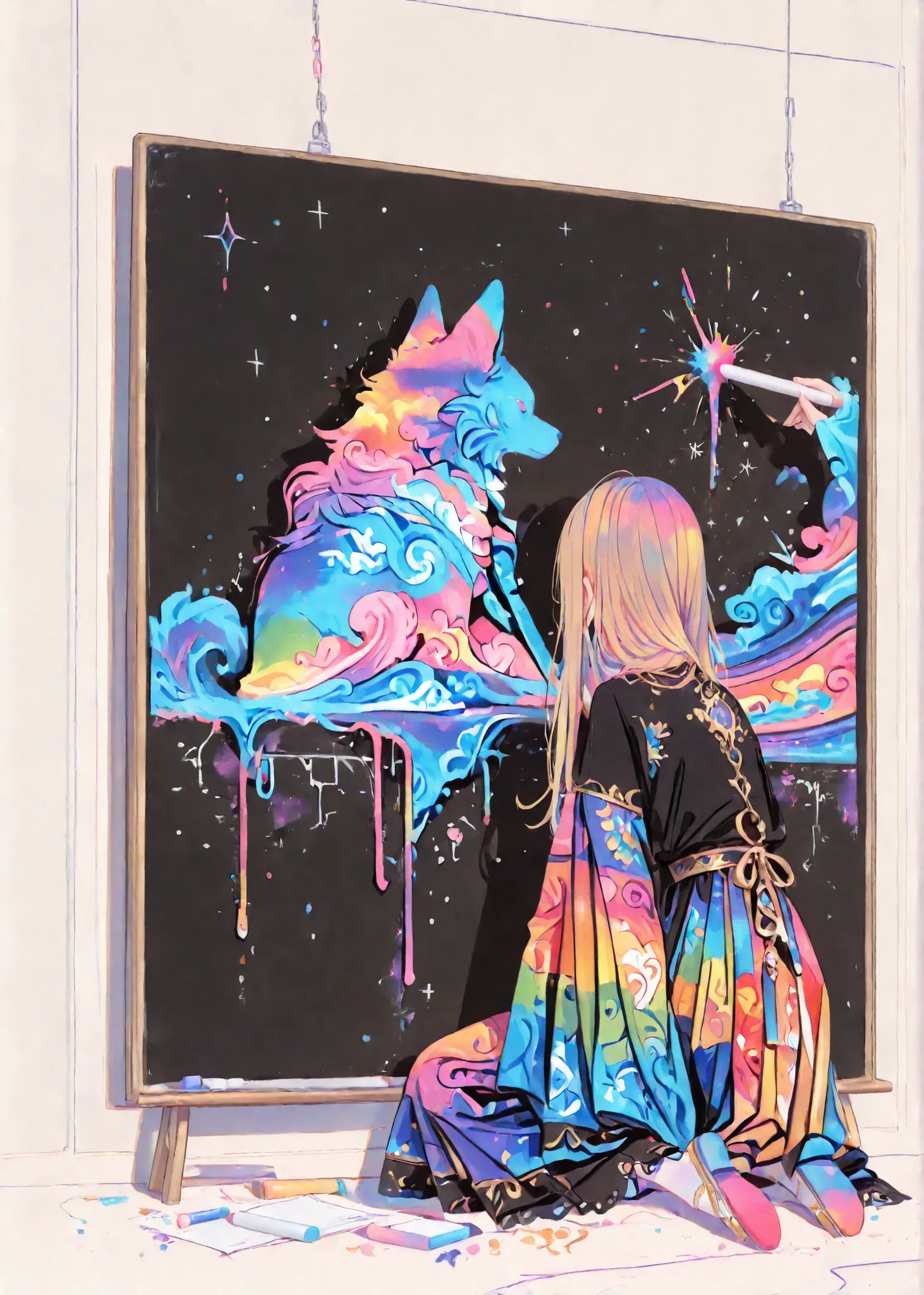 colored pencil drawing, sketch style, full body, thin lines, thin colors, watercolor, soft touch, colorful, deformed, background subject, fantasy, (blackboard art theme), back shot, (very wide shot :1.2), 

1girl, solo, gold hair, long hair, blackboard wit...