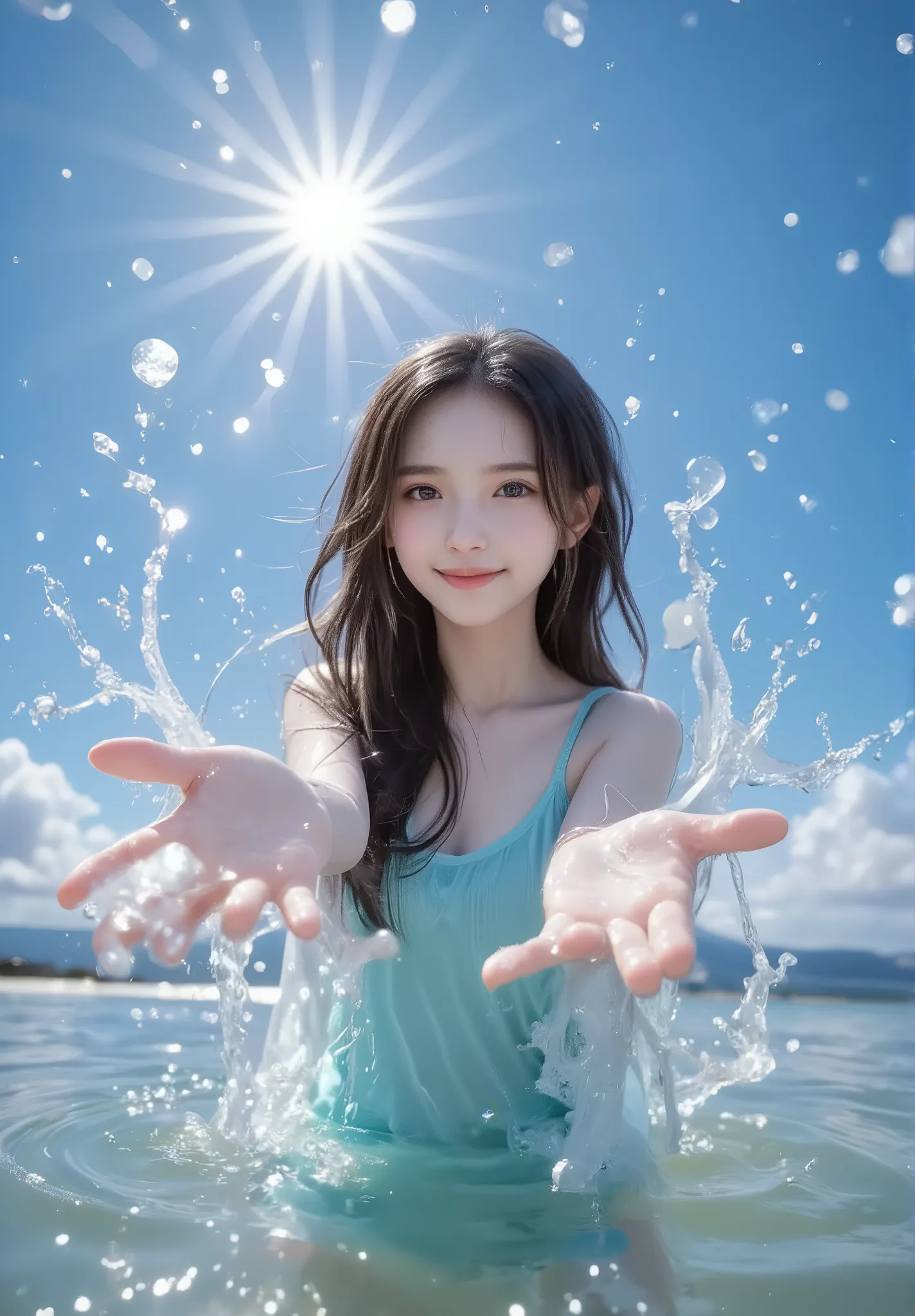 (smile:1.8),a dramatic upward angle from the water surface, showing a cheerful anime-style girl splashing water directly at the camera with both hands, her face full of excitement, sunlight shining behind her head like a halo, big water droplets flying tow...
