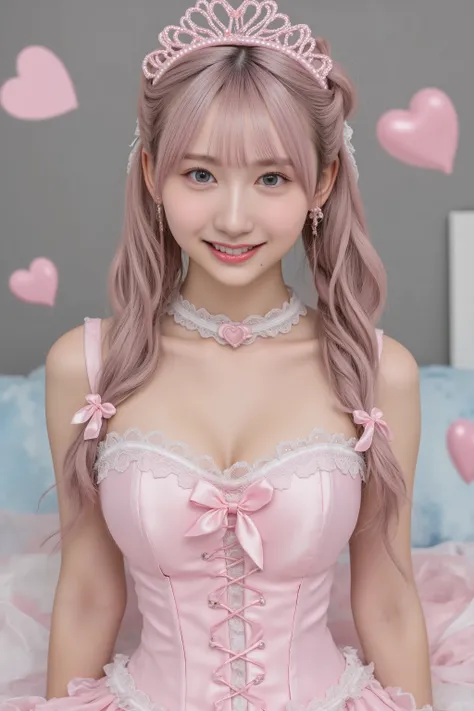 This is a highly detailed, hyper-realistic digital artwork featuring a young woman with an ethereal, anime-inspired aesthetic. She has a fair, porcelain-like skin tone and striking blue eyes. Her hair is styled in voluminous, pastel pink ombre waves, adorn...