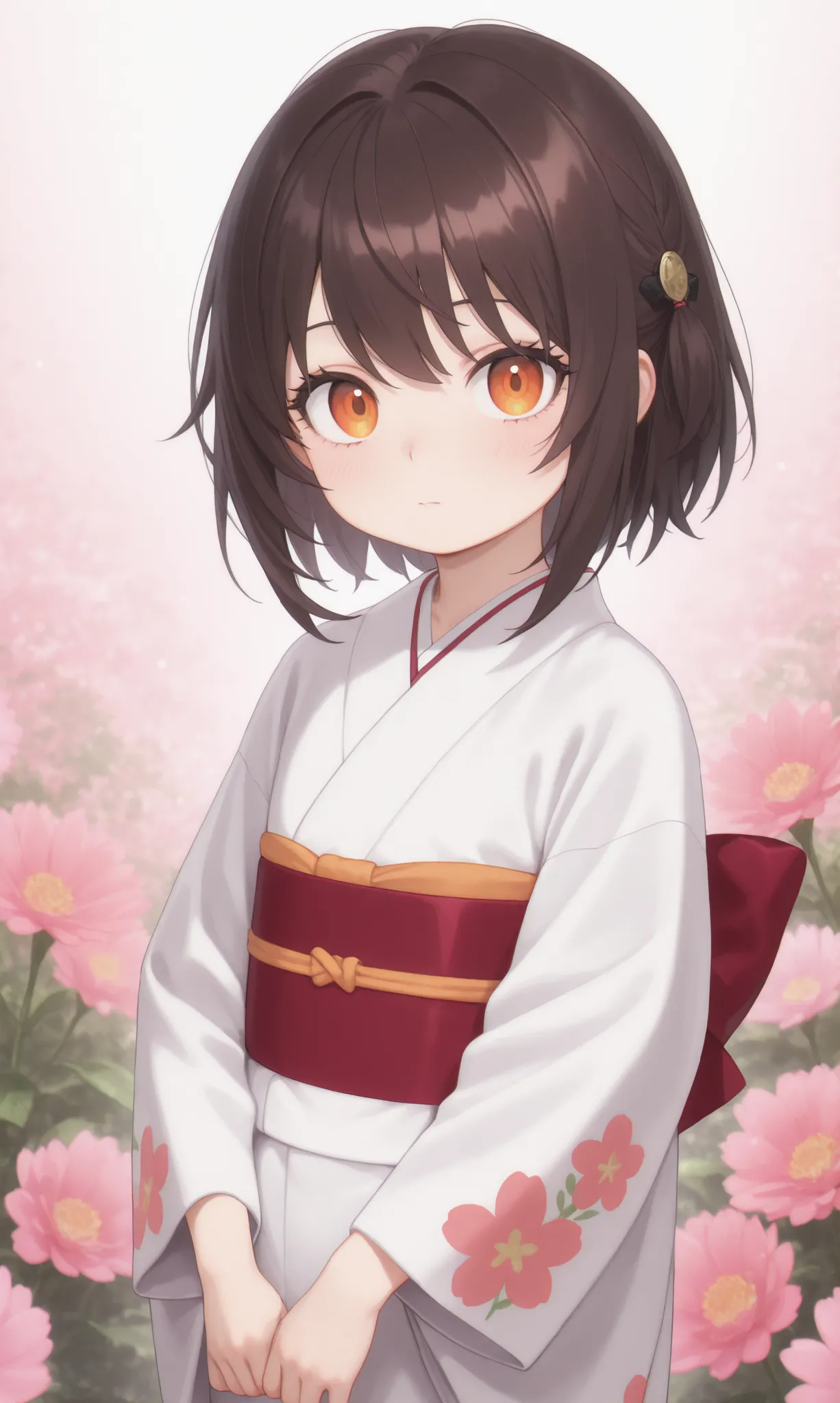 masterpiece, mejor calidad, newest, safe, good anatomy, good resolution, good lighting.  beautiful, anime, , adorable. Little girl, Dark Brown Hair and Short Hair, Hairstyle. Intense orange eyes. black eyelashes, piel clara. Age: 5, It measures 1'10 cm . l...