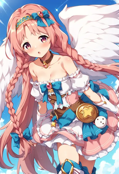Mimi grown up、pink hair、very long hair、 hair band、twin long braids、hair band, twin tails、blue ribbon、Pink Magical Girl、Kaleido Star、fly through the sky、big white wings、Angel Wings、white miniskirt、long boots、Yui Princess