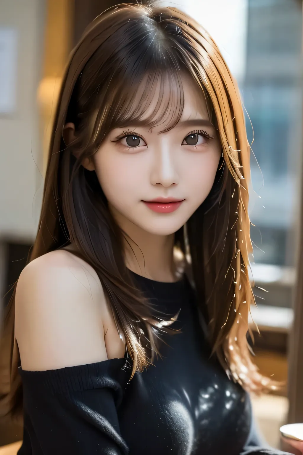 table,top quality, masterpiece, Very Detailed, high res,  8K Wallpaper, Use shadows and light to take impressive photos、20 years old, Beautiful and clear eyes, Beautiful long straight hair,trendy fashion,valley,Natural Colored Lips, charming pose,cute woma...
